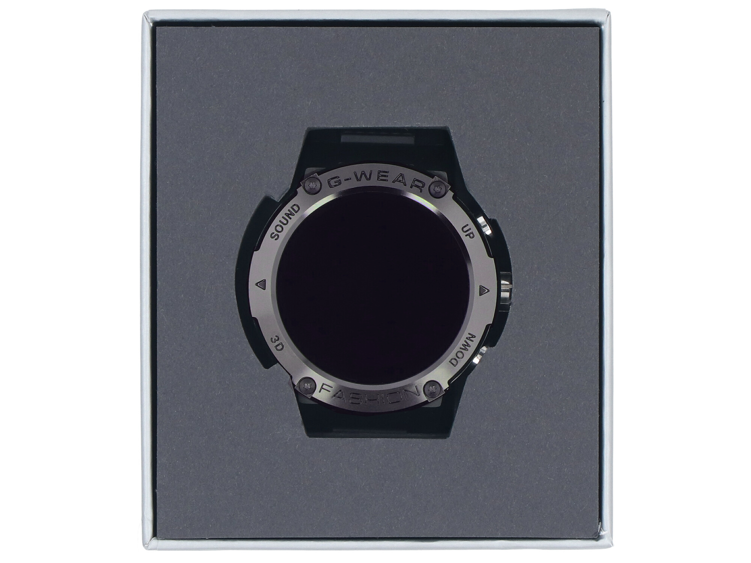 Czarny smartwatch z srebrną ramką w szarym pudełku.