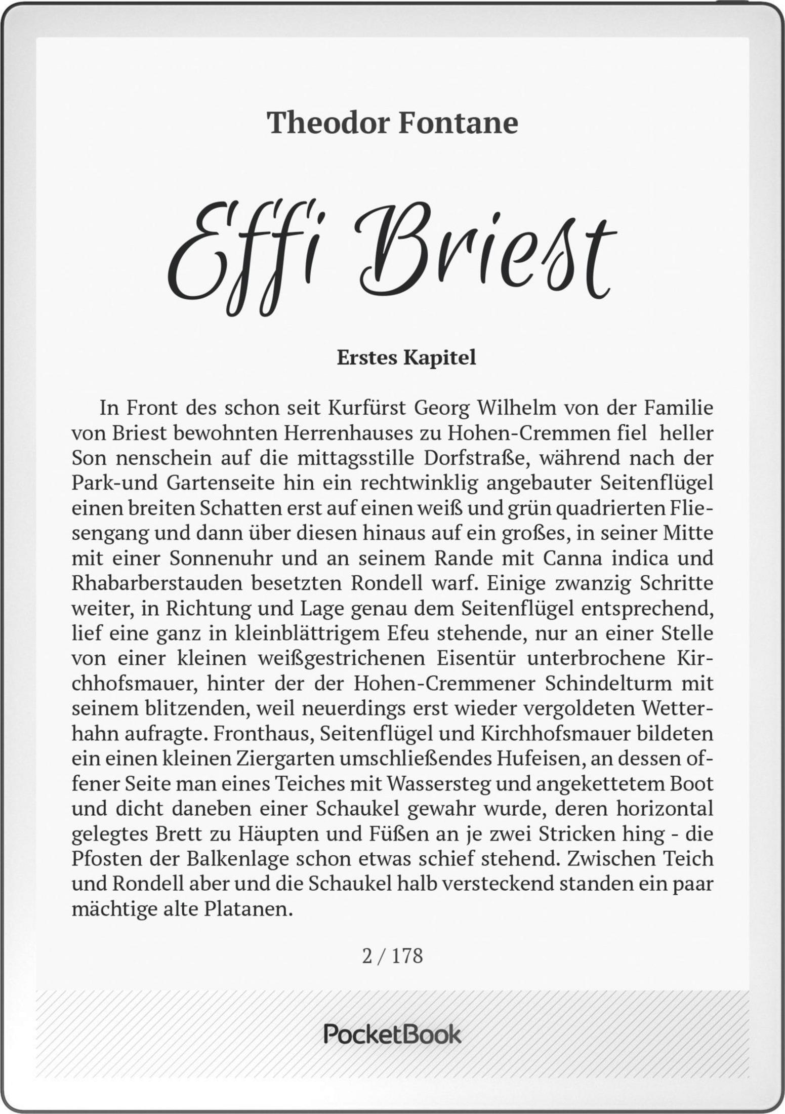 Buchseite mit Titel 'Effi Briest' von Theodor Fontane und Text über ein Herrenhaus.