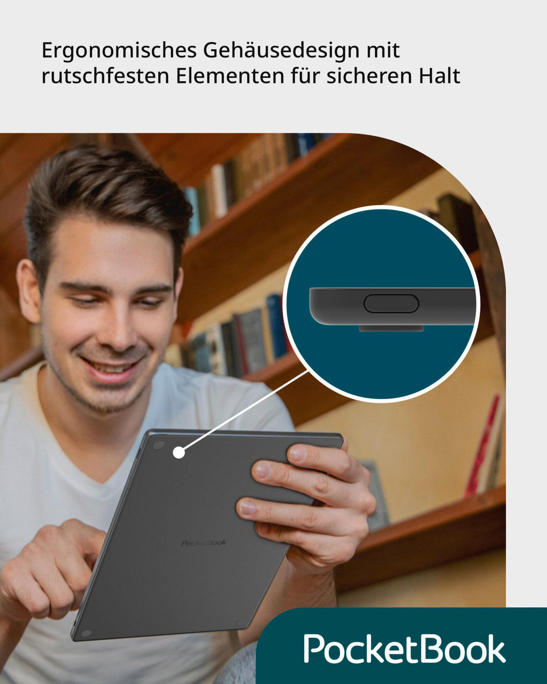 Ein Mann hält ein graues PocketBook E-Reader mit rutschfesten Elementen.