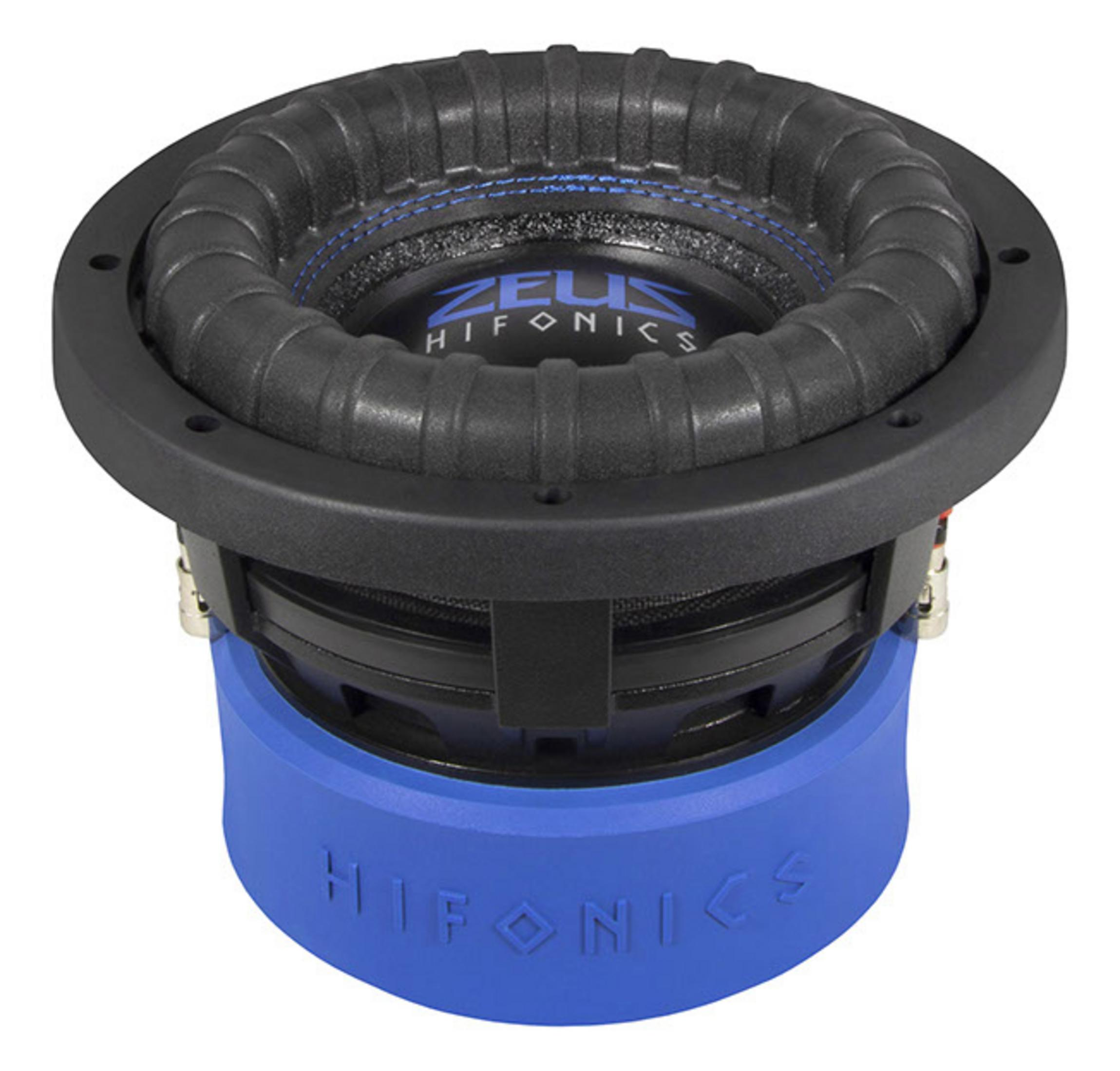 Schwarzer Subwoofer mit blauem Hifonics-Schriftzug, Nahaufnahme.