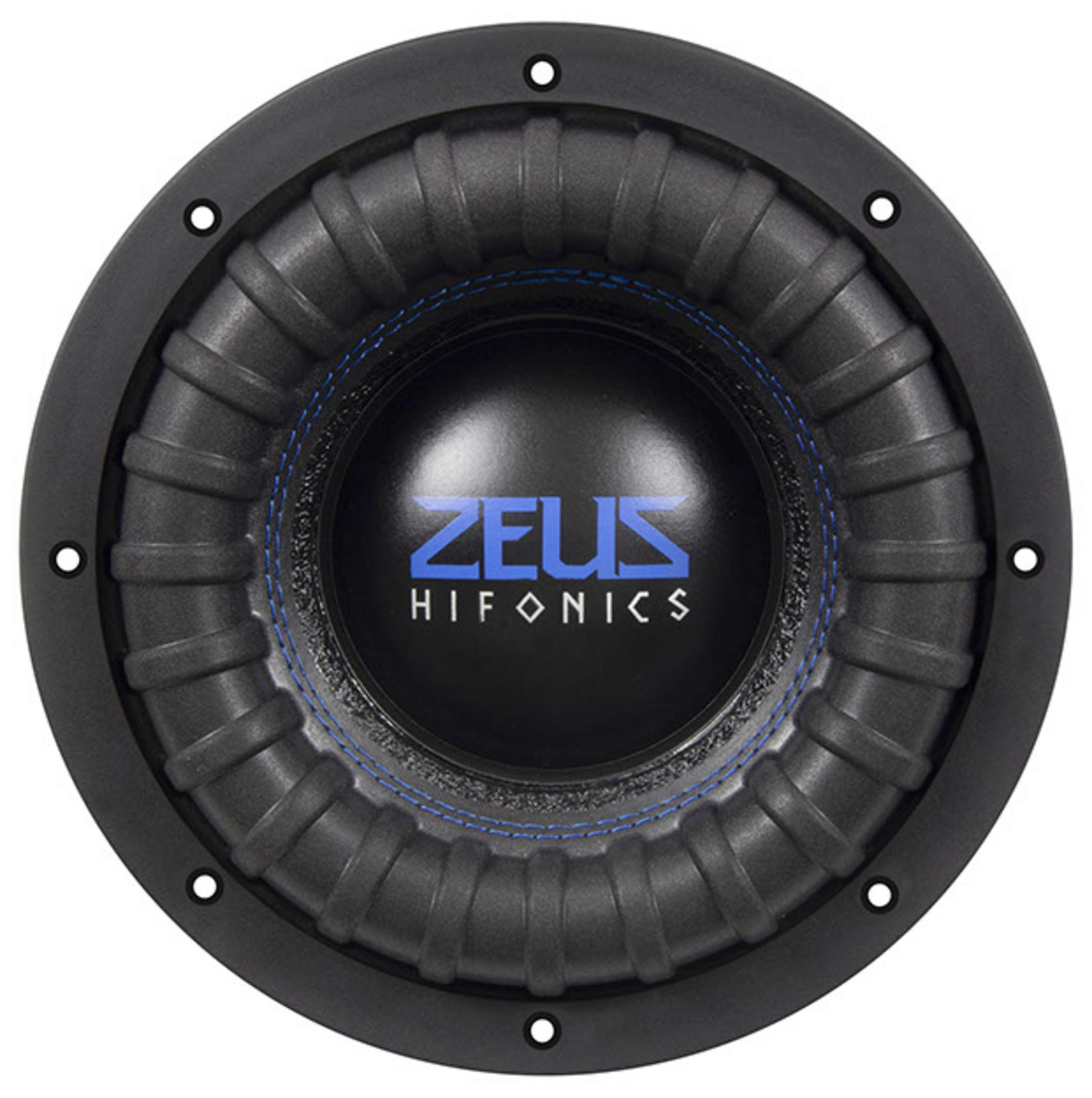 Schwarzer Subwoofer mit Zeus Hifonics Logo und blauer Naht.