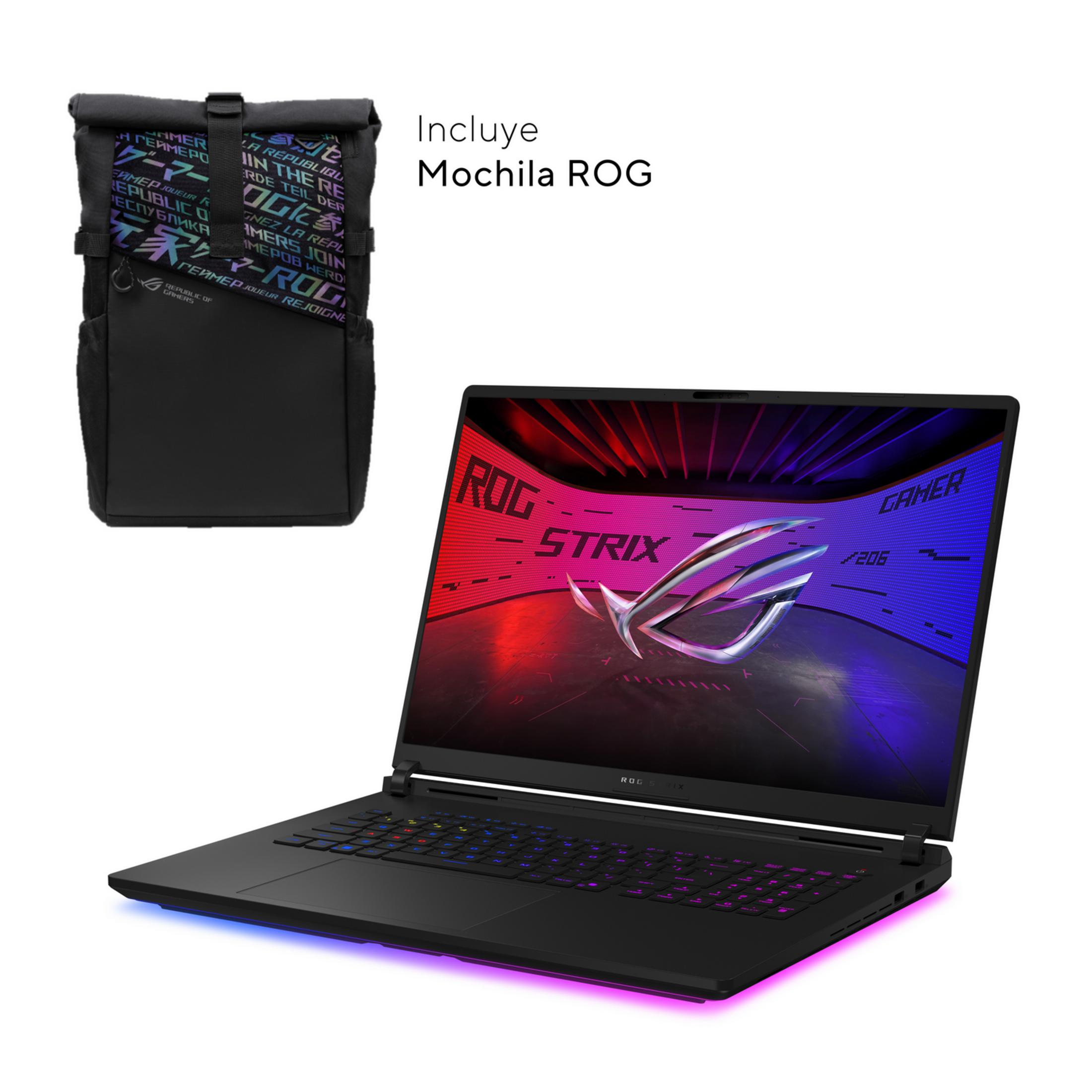 Black ROG backpack next to an open ROG gaming laptop with a lit keyboard.