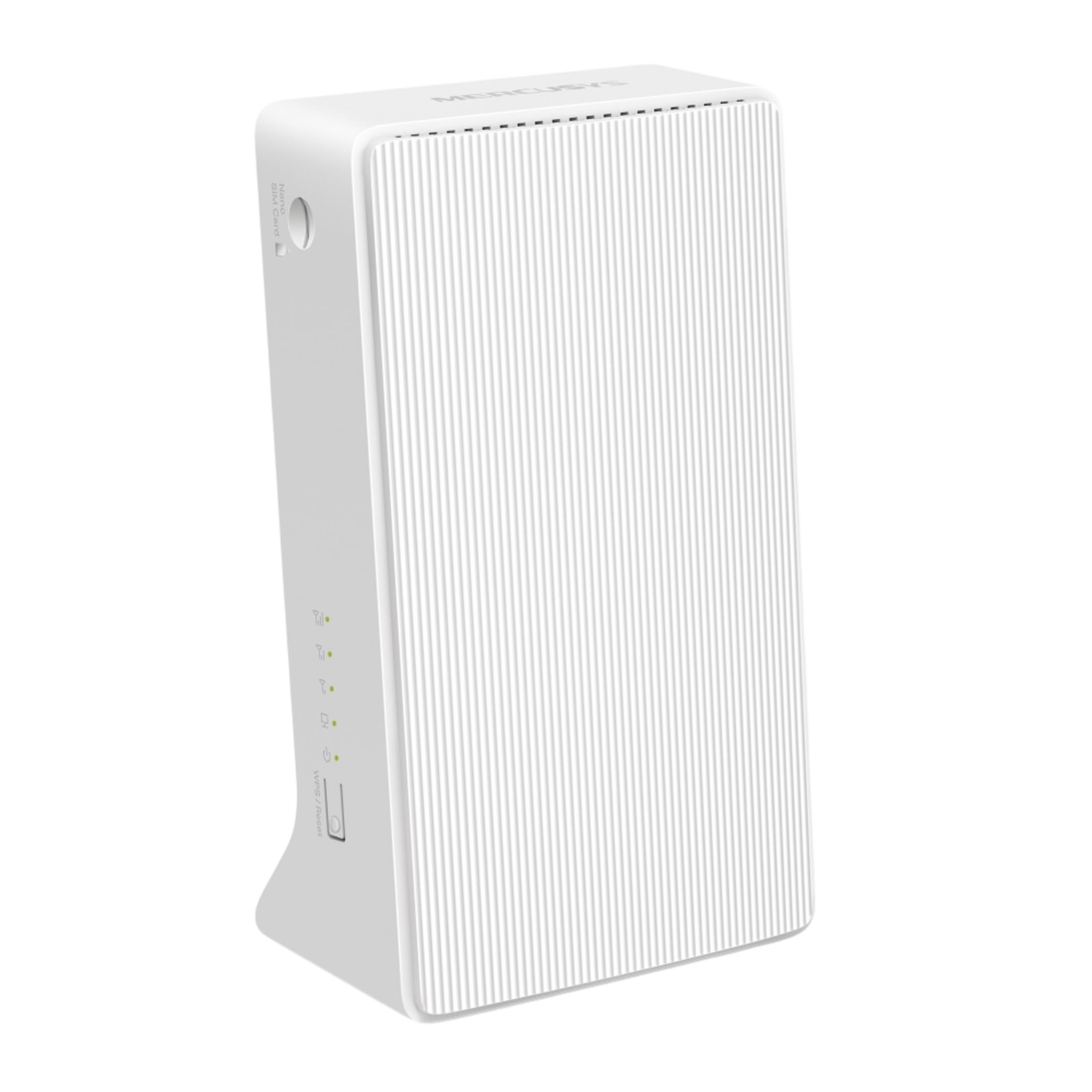 Un router bianco con scanalature verticali e spie luminose.