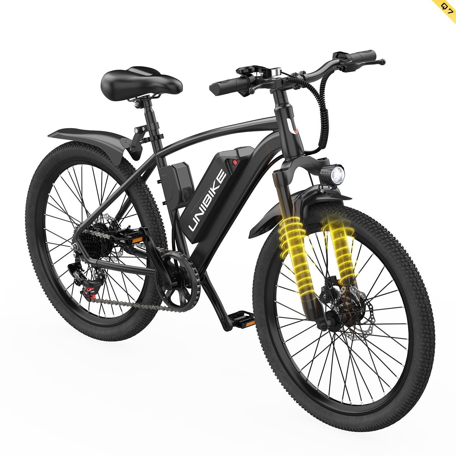 Ein schwarzes E-Bike mit breiten Reifen, Federung und Akku.