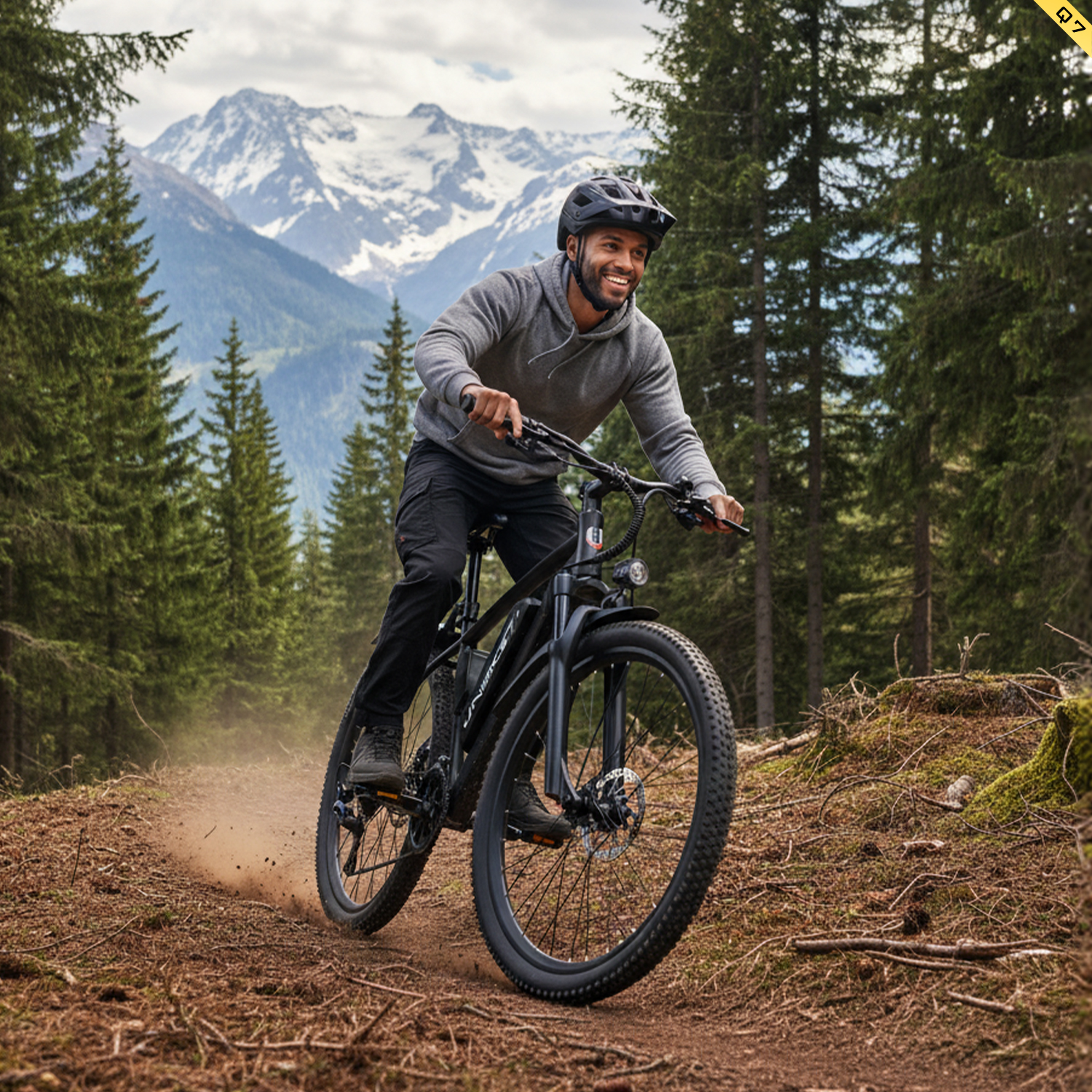 Ein Mann fährt ein schwarzes Mountainbike auf einem Waldweg mit schneebedeckten Bergen im Hintergrund.