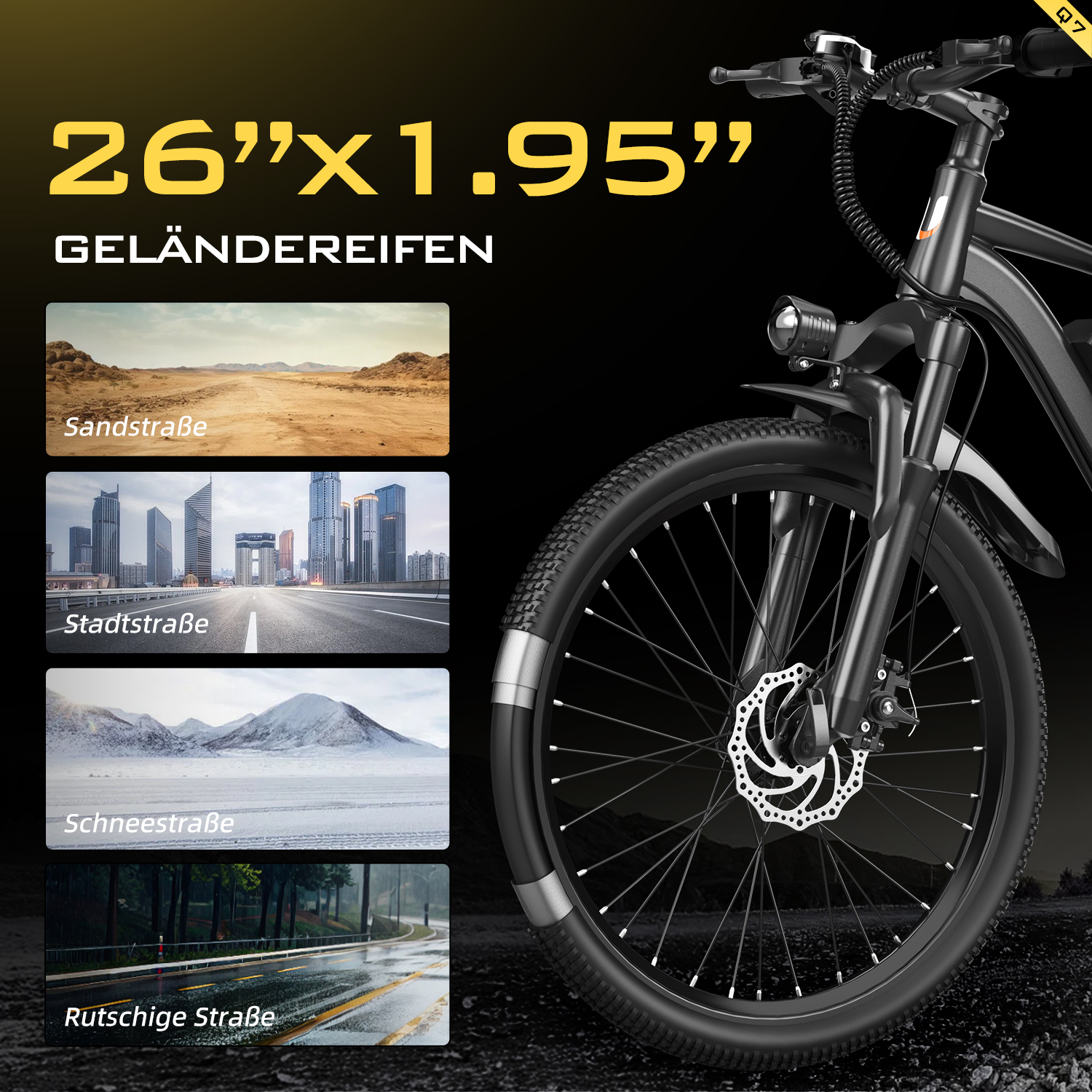 Schwarzes E-Bike mit 26x1,95-Zoll-Offroad-Reifen, gezeigt mit vier Beispielen für Straßenzustände.