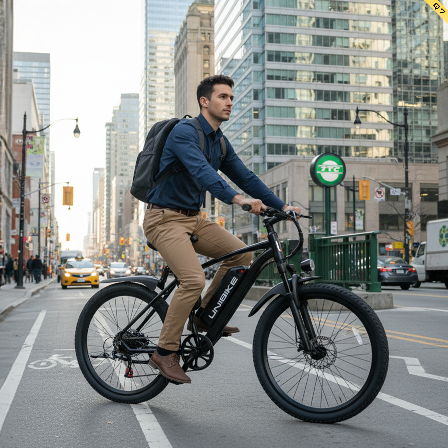 Ein Mann fährt ein schwarzes E-Bike auf einer belebten Stadtstraße mit hohen Gebäuden.