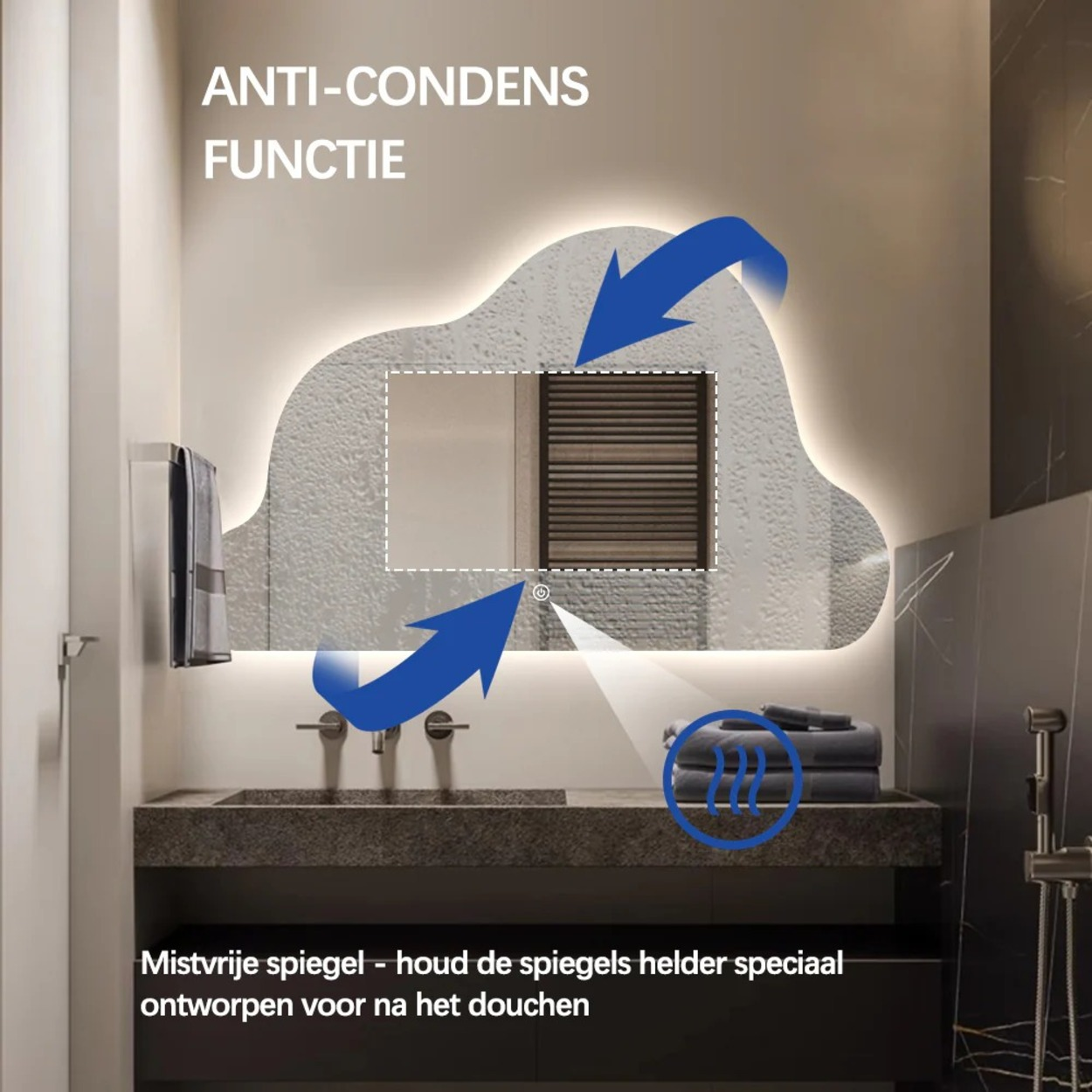 Badkamerspiegel met anti-condensfunctie, verlicht, met twee pijlen.