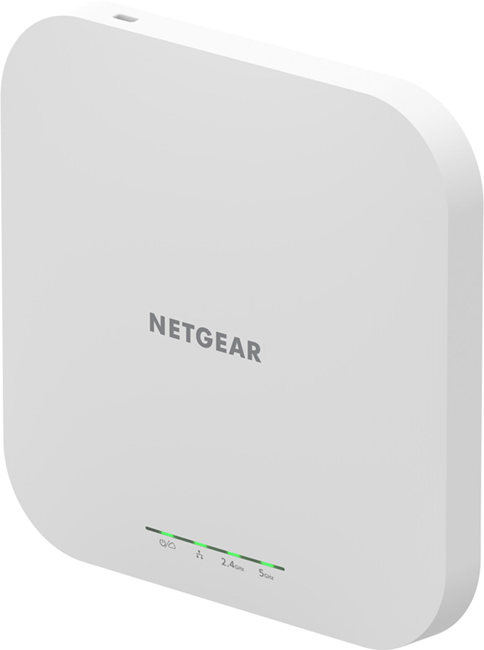 Ein weies NETGEAR-Gerät mit grünen LEDs für 2,4 GHz und 5 GHz.