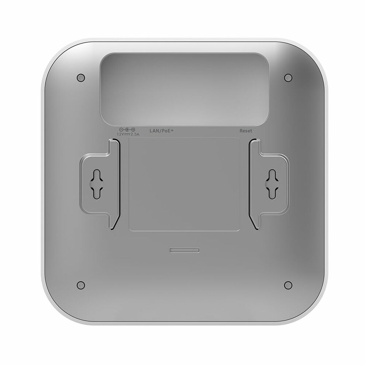 Rückseite eines weißen WLAN-Access-Points mit LAN/PoE+-Anschluss und Reset-Knopf.