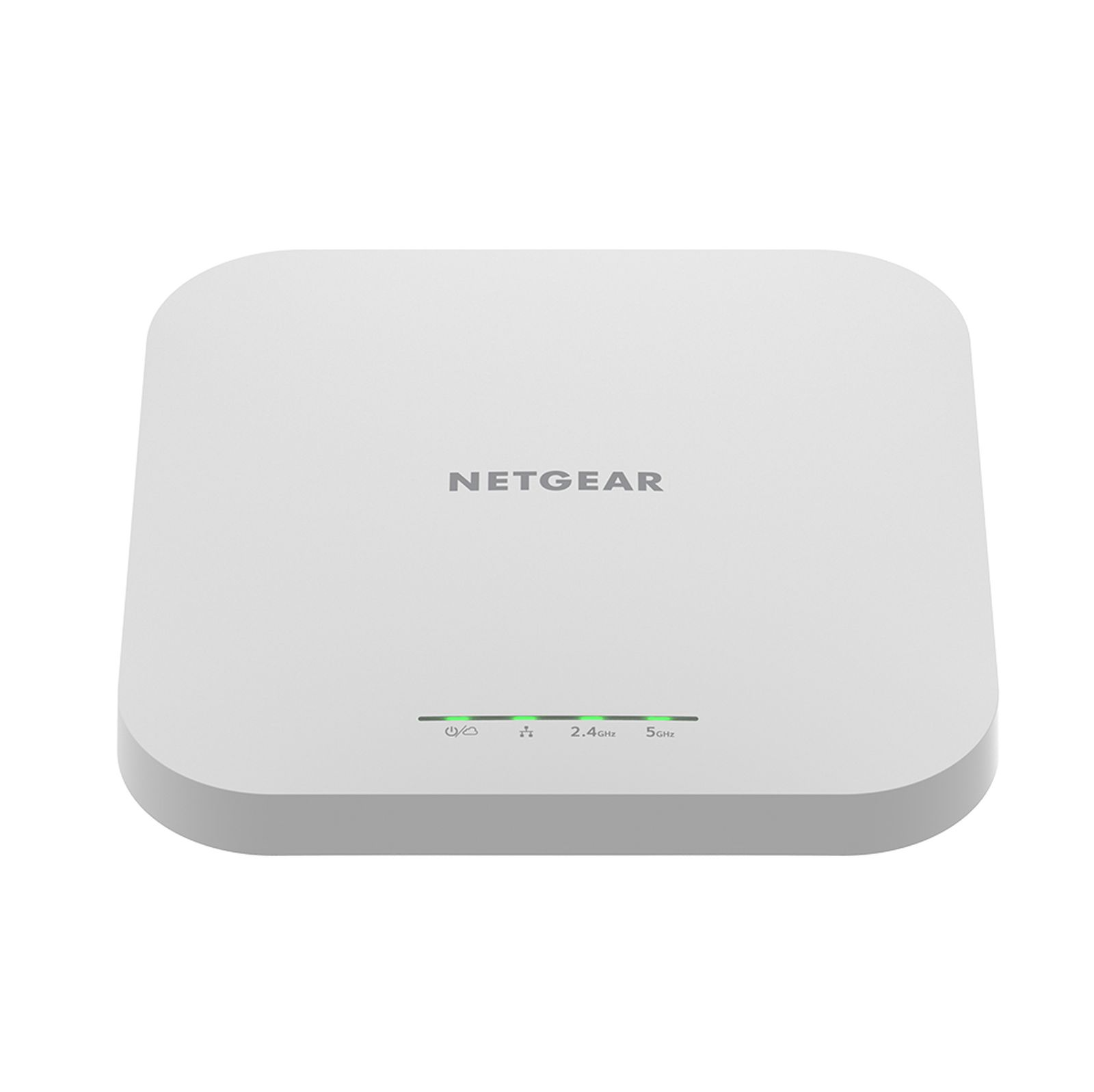 Ein weißes Netgear-Gerät mit grünen LED-Anzeigen für Strom, 2,4 GHz und 5 GHz.