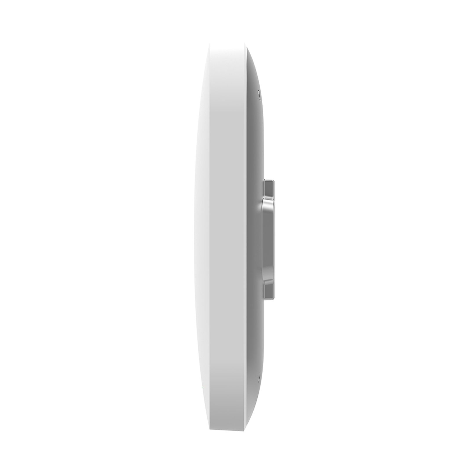 Eine weiße, ovale Antenne mit silbernem Montagebügel.