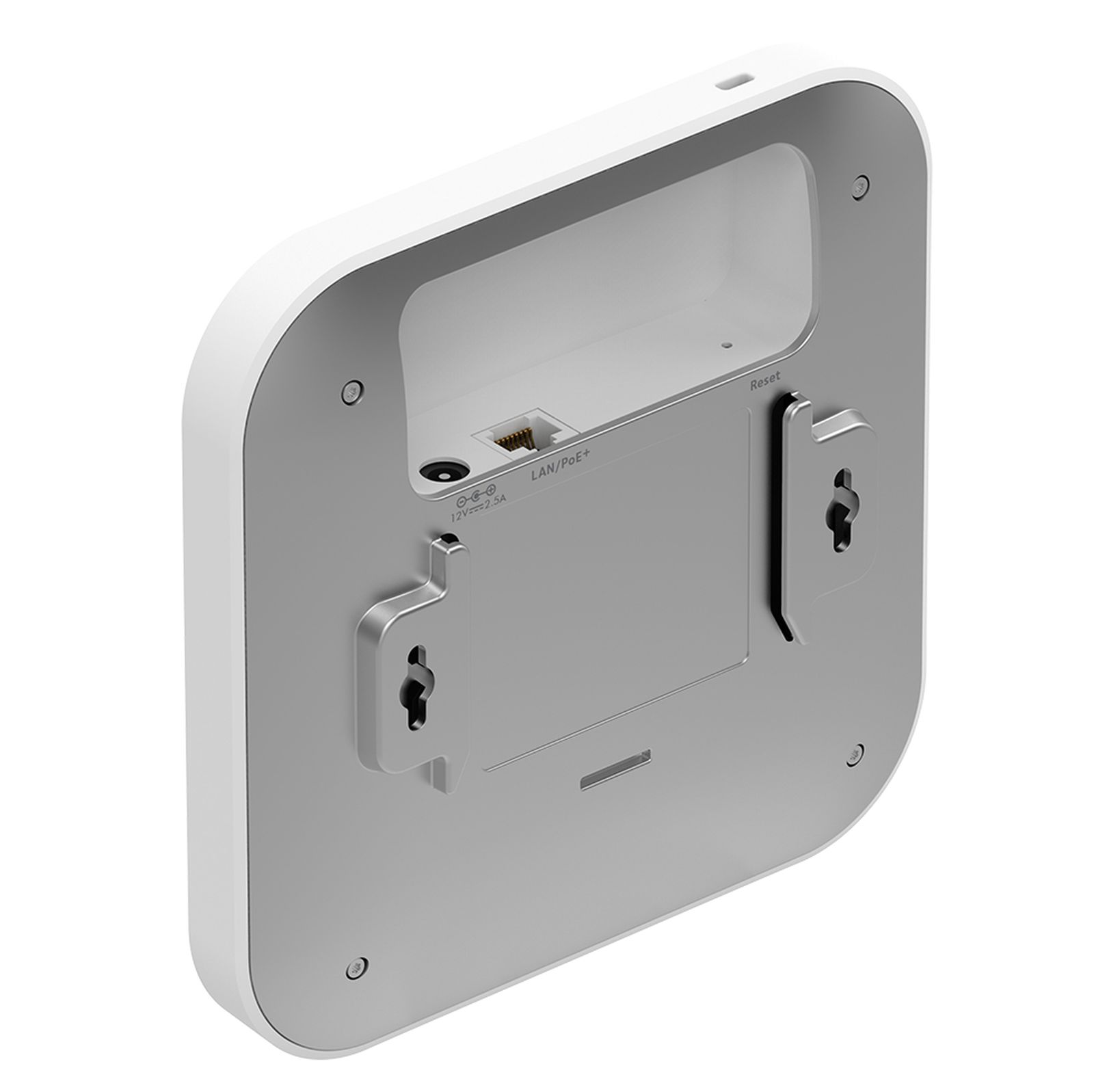 Rückseite eines weißen Geräts mit Anschlüssen: 12V/2.5A, LAN/PoE+ und Reset-Taste.