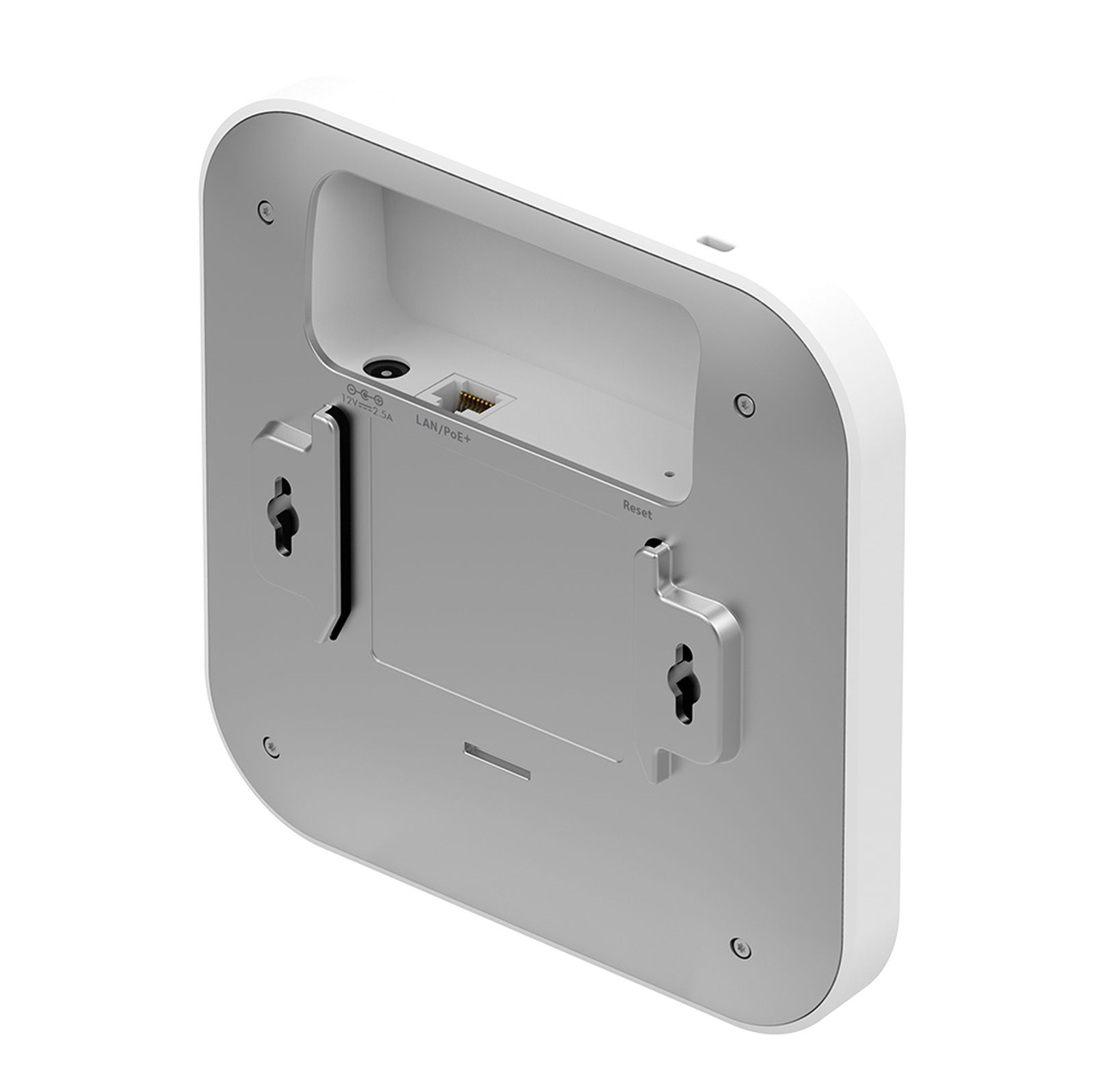 Rückseite eines weißen Geräts mit Anschlüssen: 12V 2.5A, LAN/PoE+ und Reset.