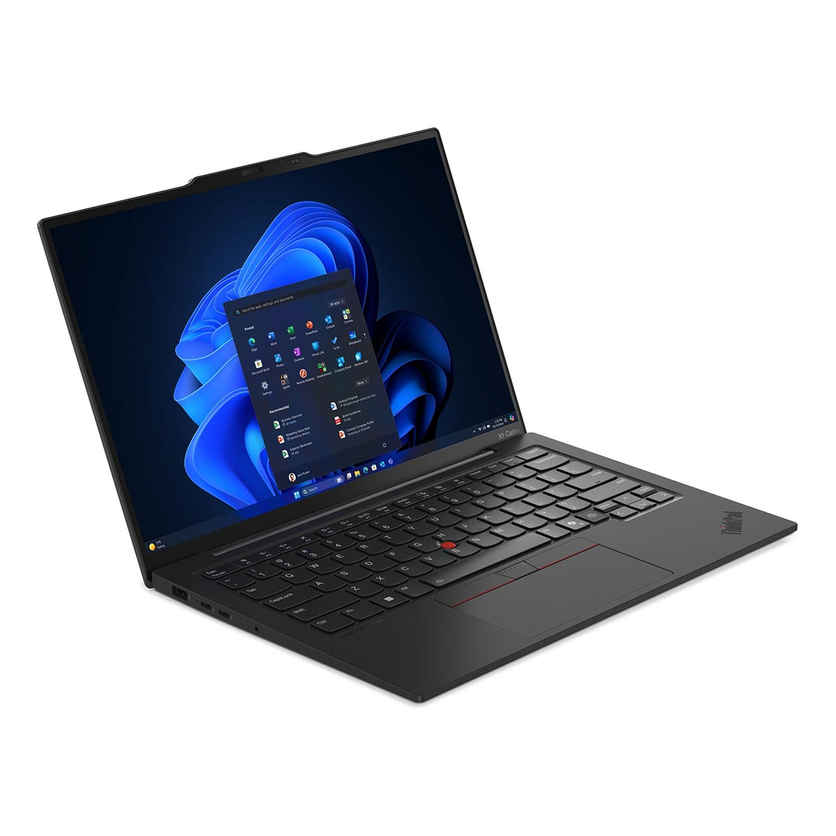 Schwarzer Laptop mit beleuchteter Tastatur und offenem Bildschirm, der Windows 11 zeigt.