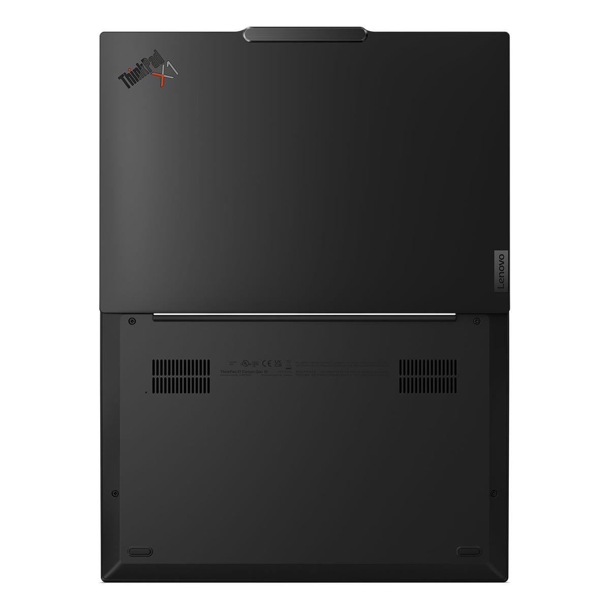 Schwarzer Laptop von oben, aufgeklappt, mit ThinkPad X1 Logo.