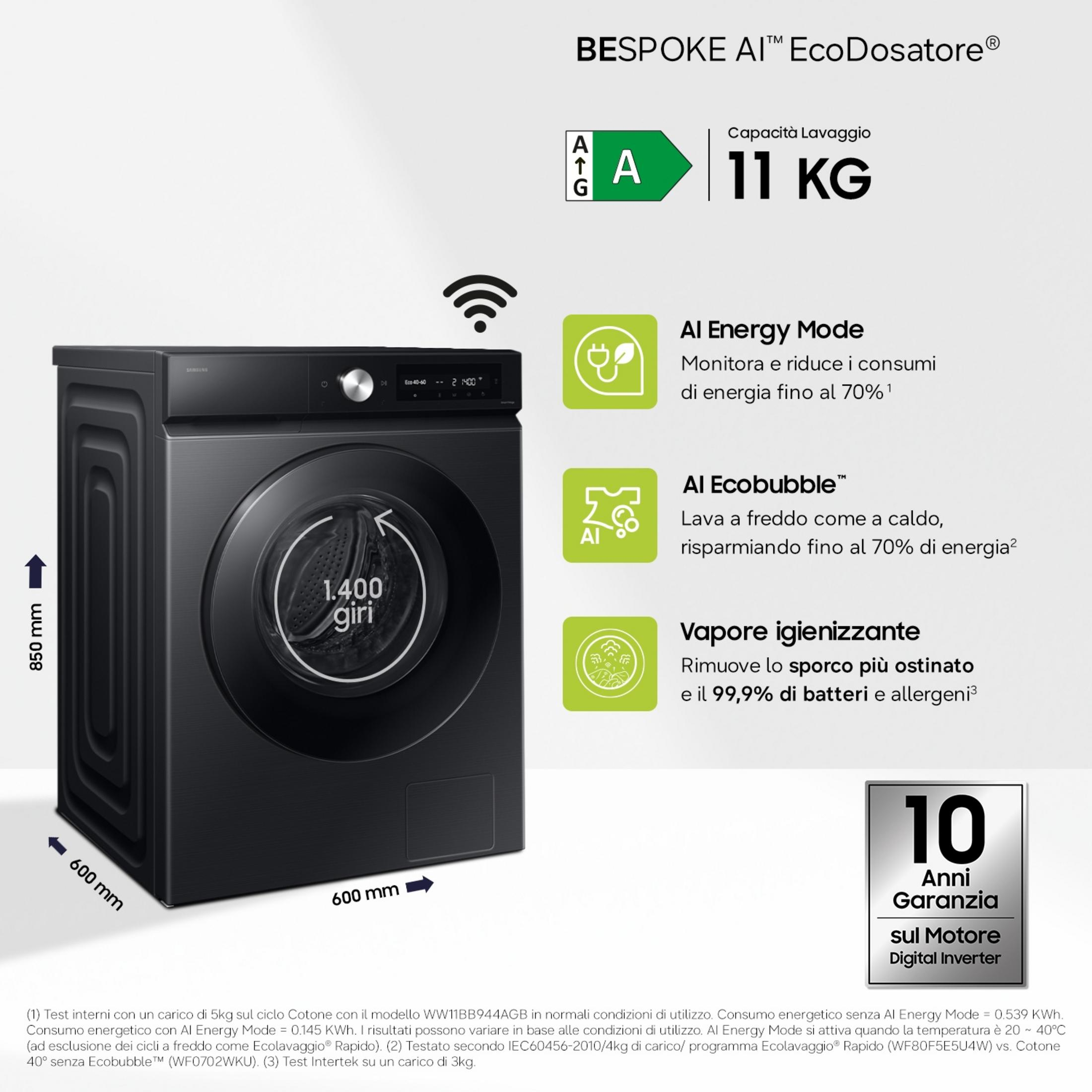 Lave-linge Samsung noir, capacité 11 kg, Classe A, hauteur 850 mm.