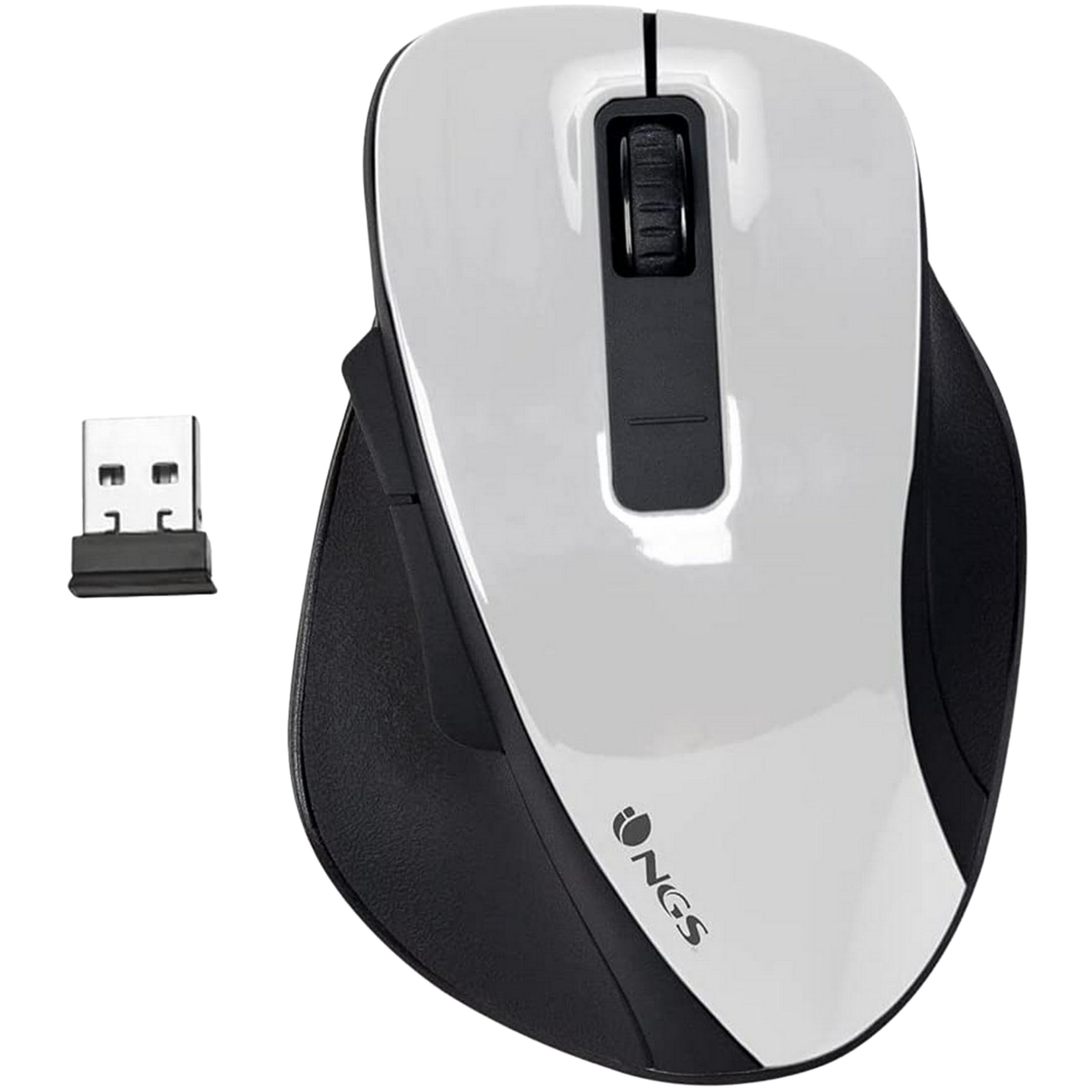 Un mouse bianco e nero con un ricevitore USB.