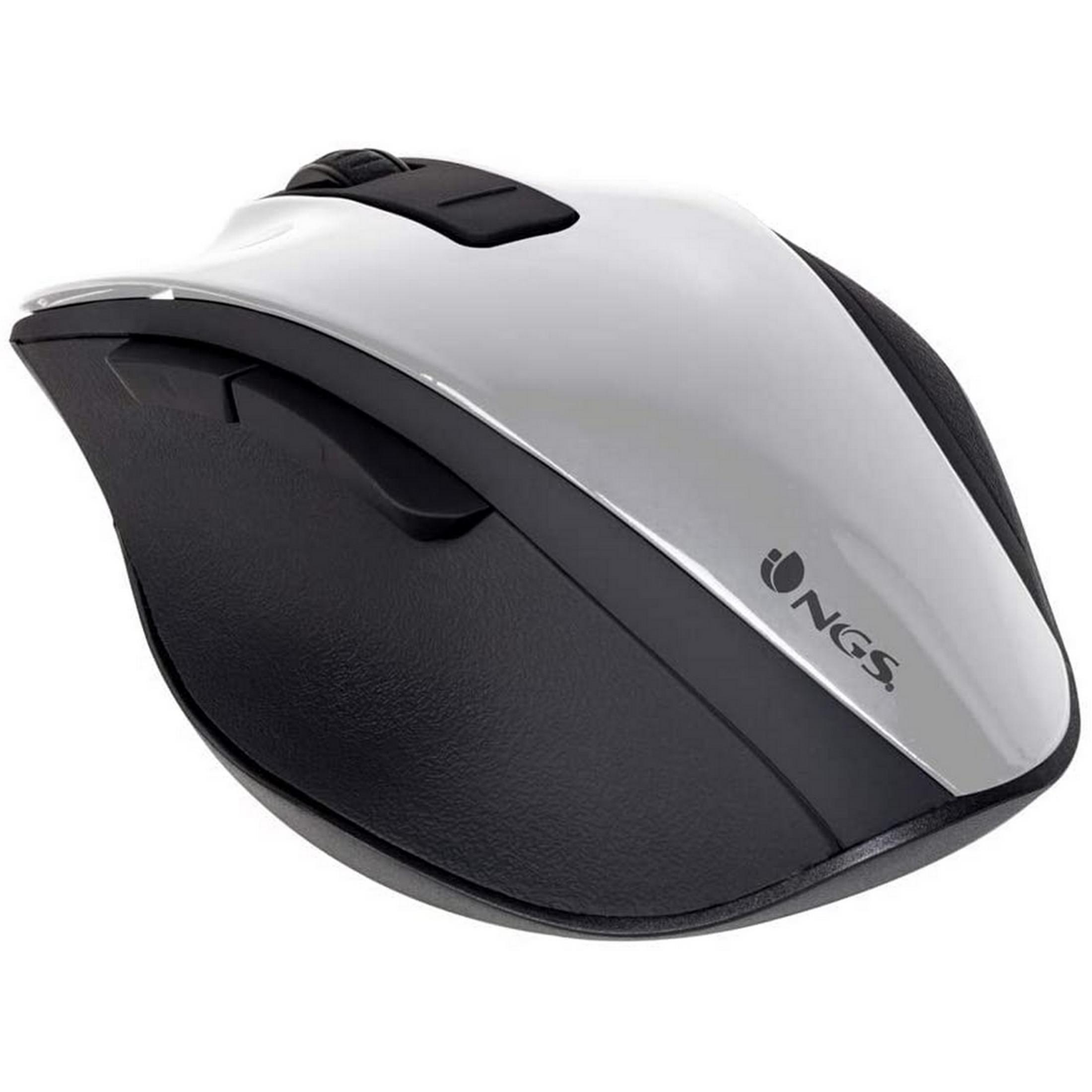 Un mouse wireless NGS argento e nero su sfondo bianco.