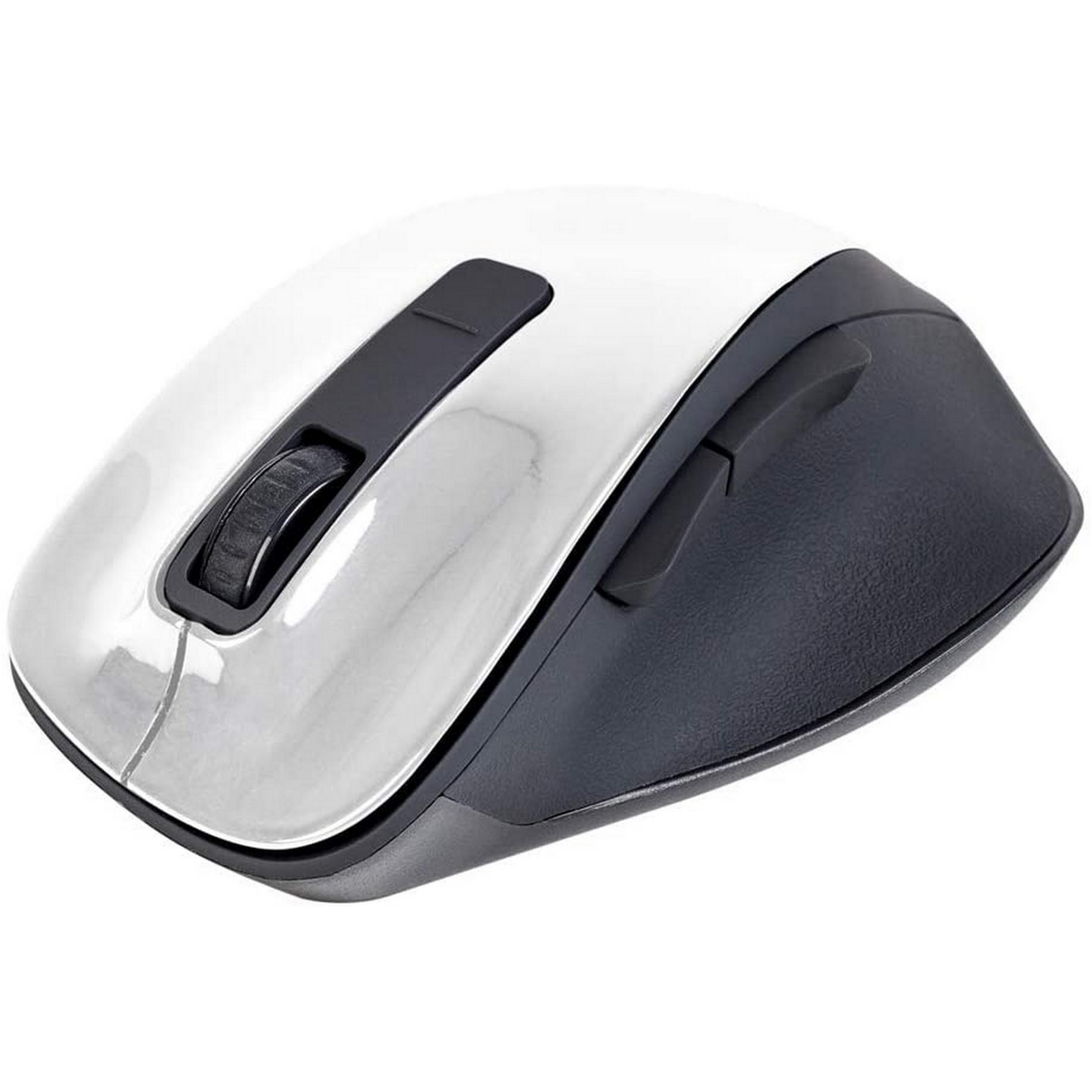 Un mouse bianco e nero per computer con rotellina di scorrimento.