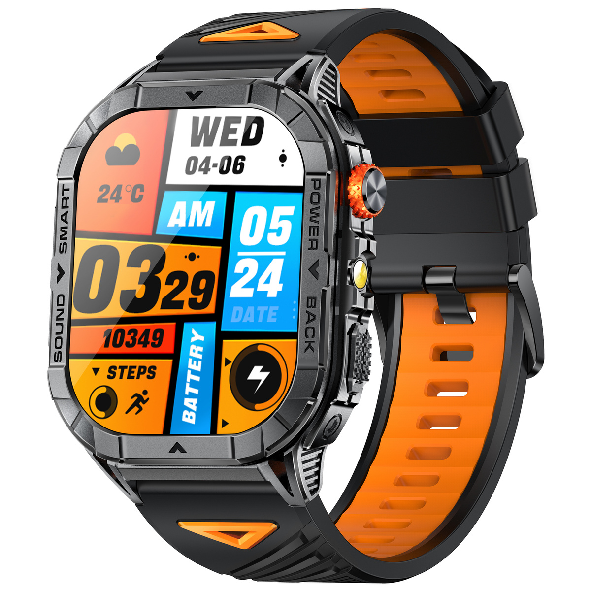 Smartwatch z czarną i pomarańczową bransoletą pokazuje godzinę, datę i kroki.