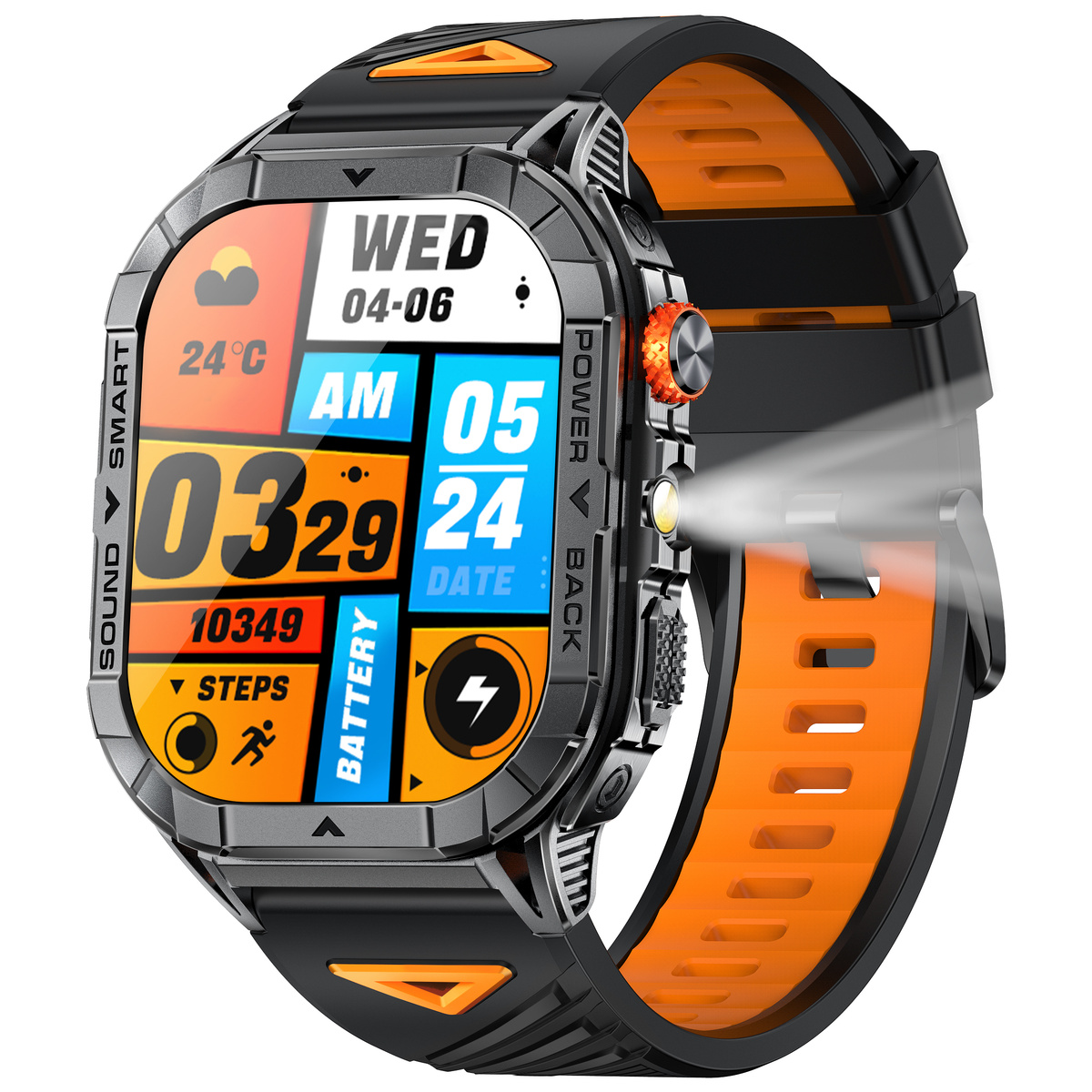 Wytrzymały smartwatch z pomarańczowym paskiem, podświetlaną diodą LED i szczegółowym wyświetlaczem.