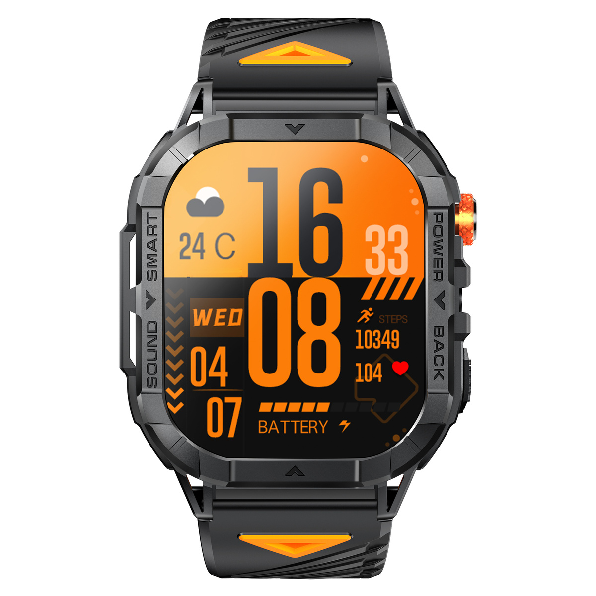 Czarny smartwatch z pomarańczowym wyświetlaczem pokazuje 16:38, 24°C, kroki, tętno.