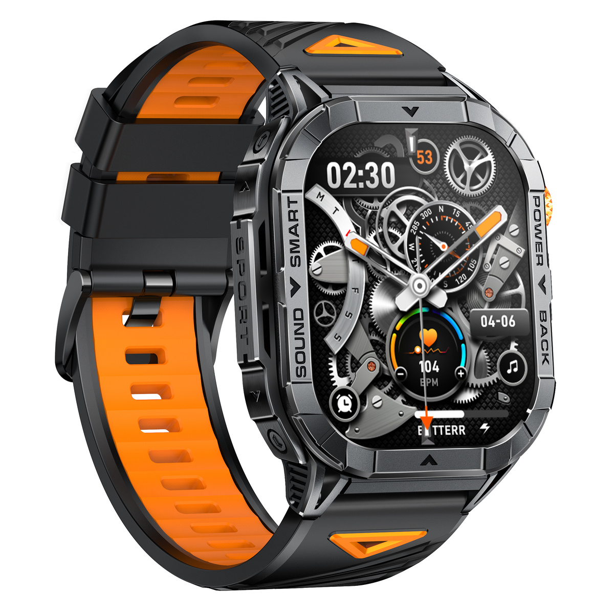 Czarno-pomarańczowy smartwatch z cyfrowym wyświetlaczem pokazującym czas i tętno.