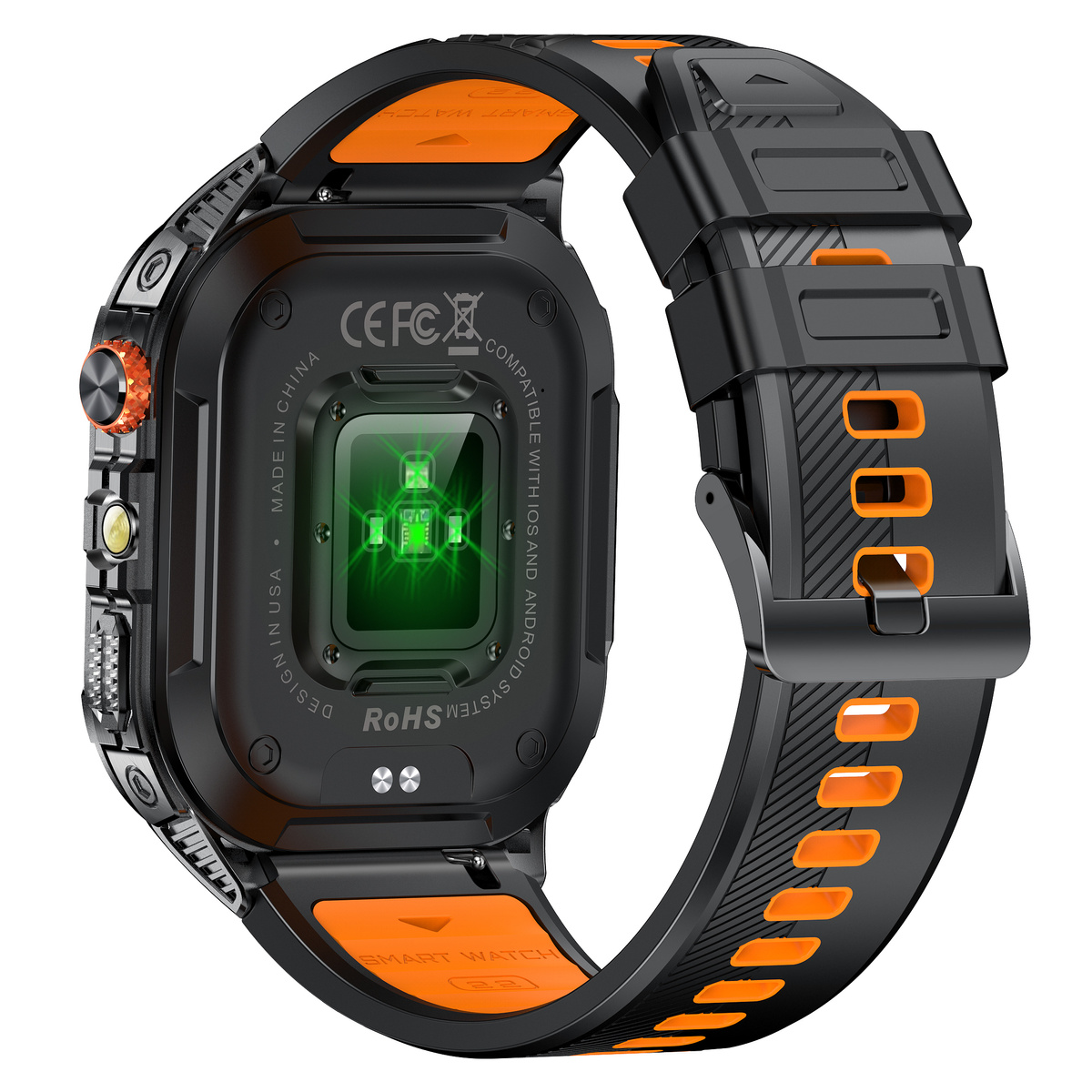 Czarny smartwatch z pomarańczowymi akcentami, pokazujący czujnik tętna z tyłu.