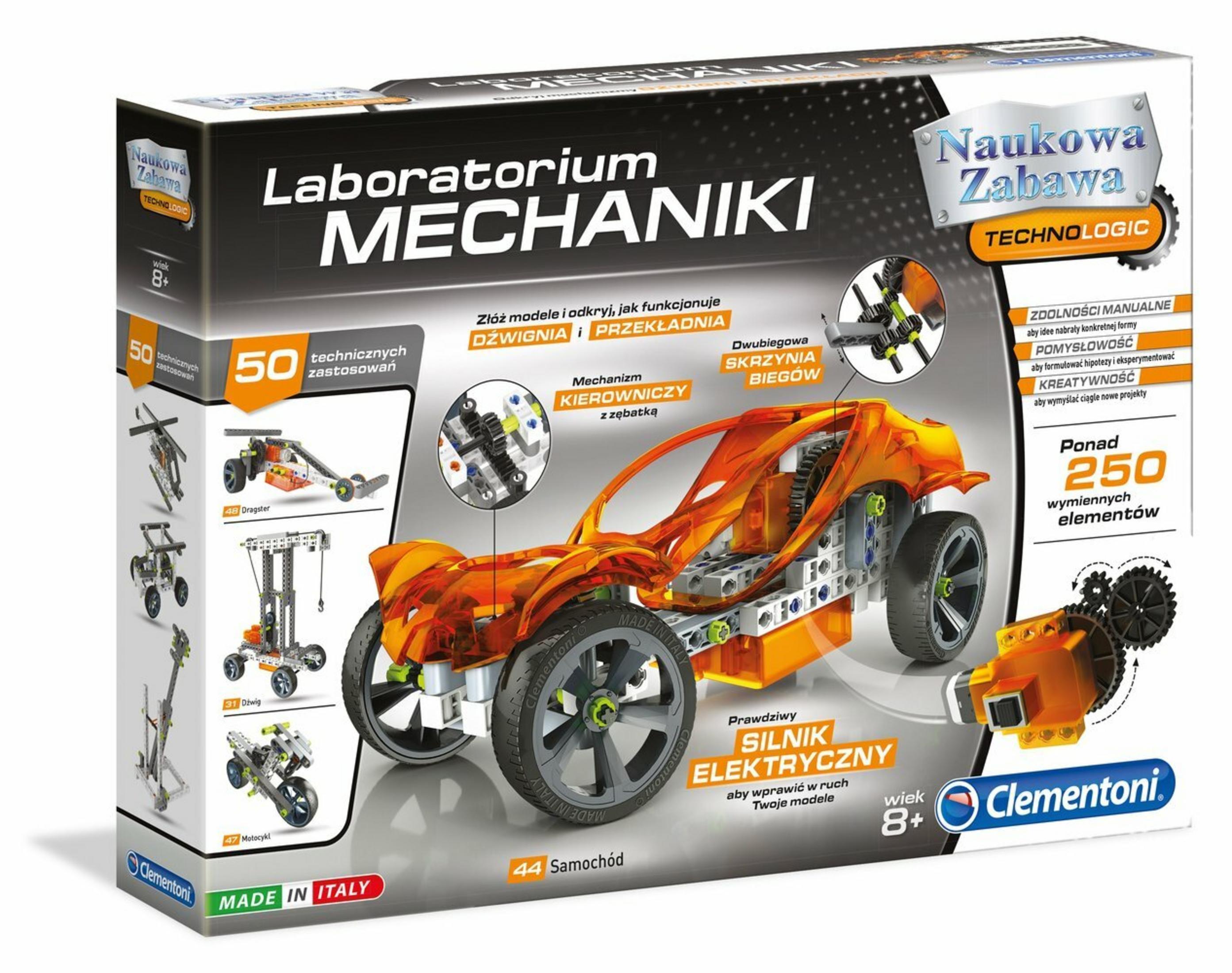Zestaw laboratorium mechaniki z pomarańczowym samochodem, zębatkami i elementami.