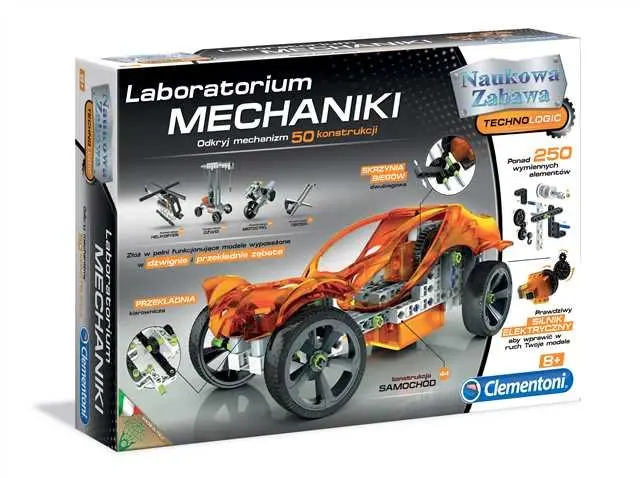 Pudełko zestawu konstrukcyjnego Laboratorium Mechaniki Clementoni z pomarańczowym modelem auta.