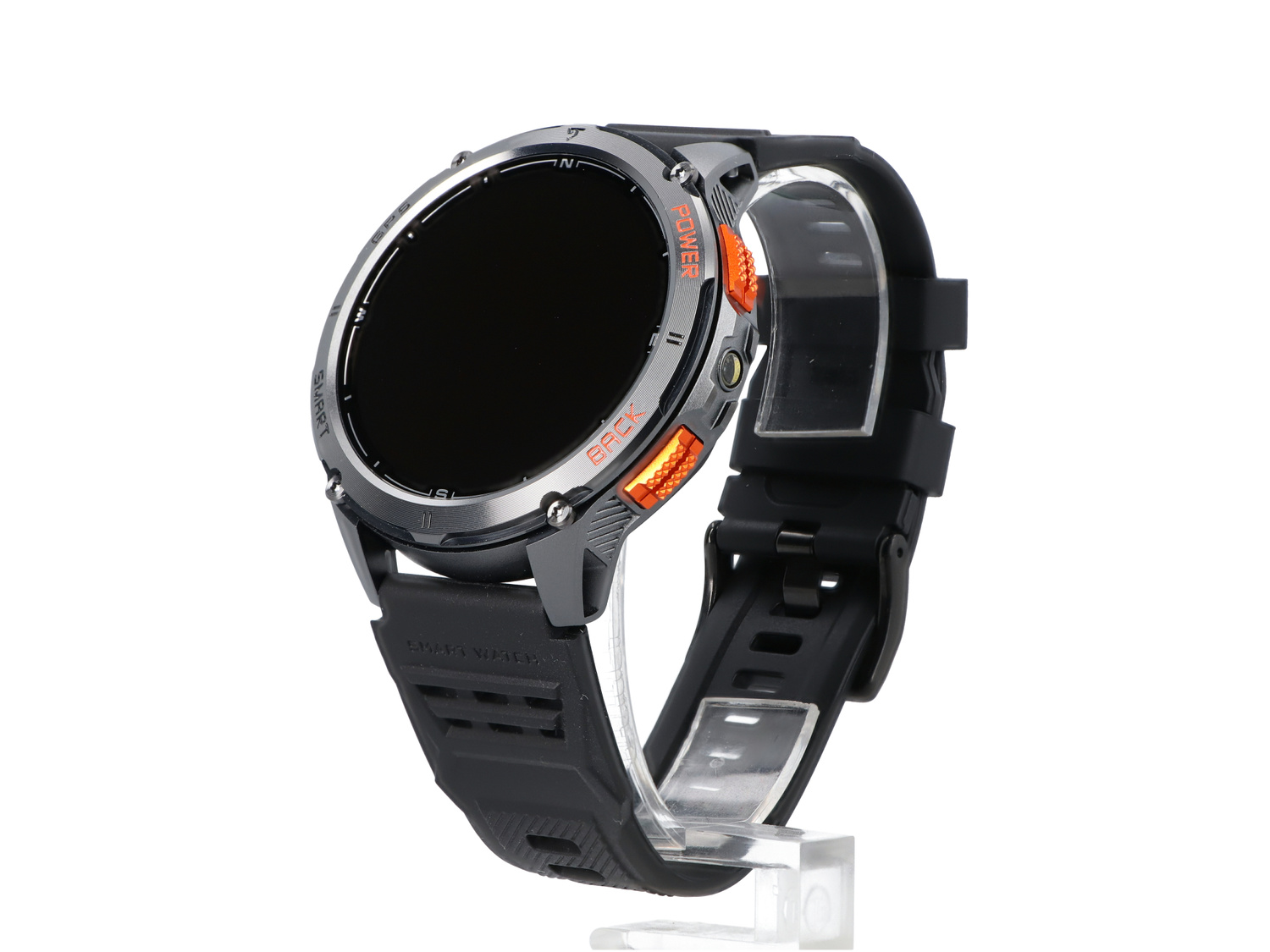 Szary smartwatch z czarnym paskiem i pomarańczowymi akcentami na białym tle.
