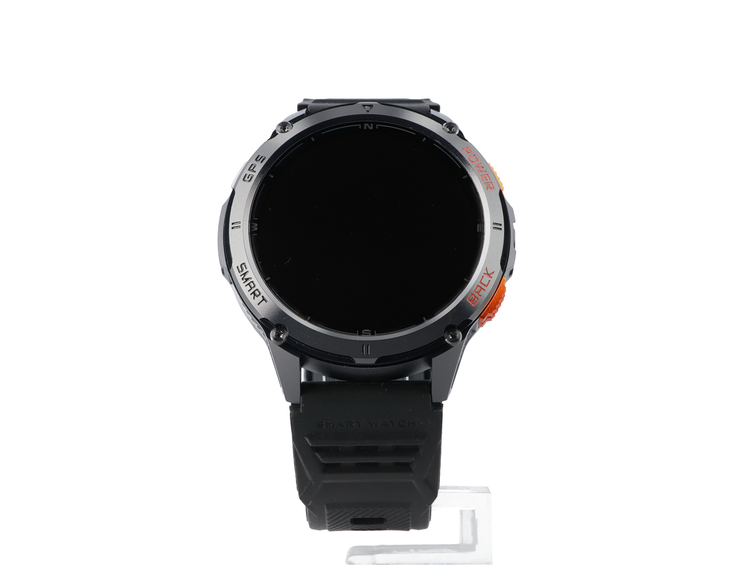 Szary smartwatch z czarnym paskiem i pomarańczowymi akcentami, na białym tle.