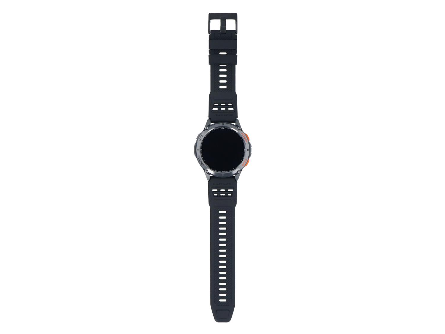 Czarny smartwatch z srebrną ramką i pomarańczowymi akcentami na białym tle.