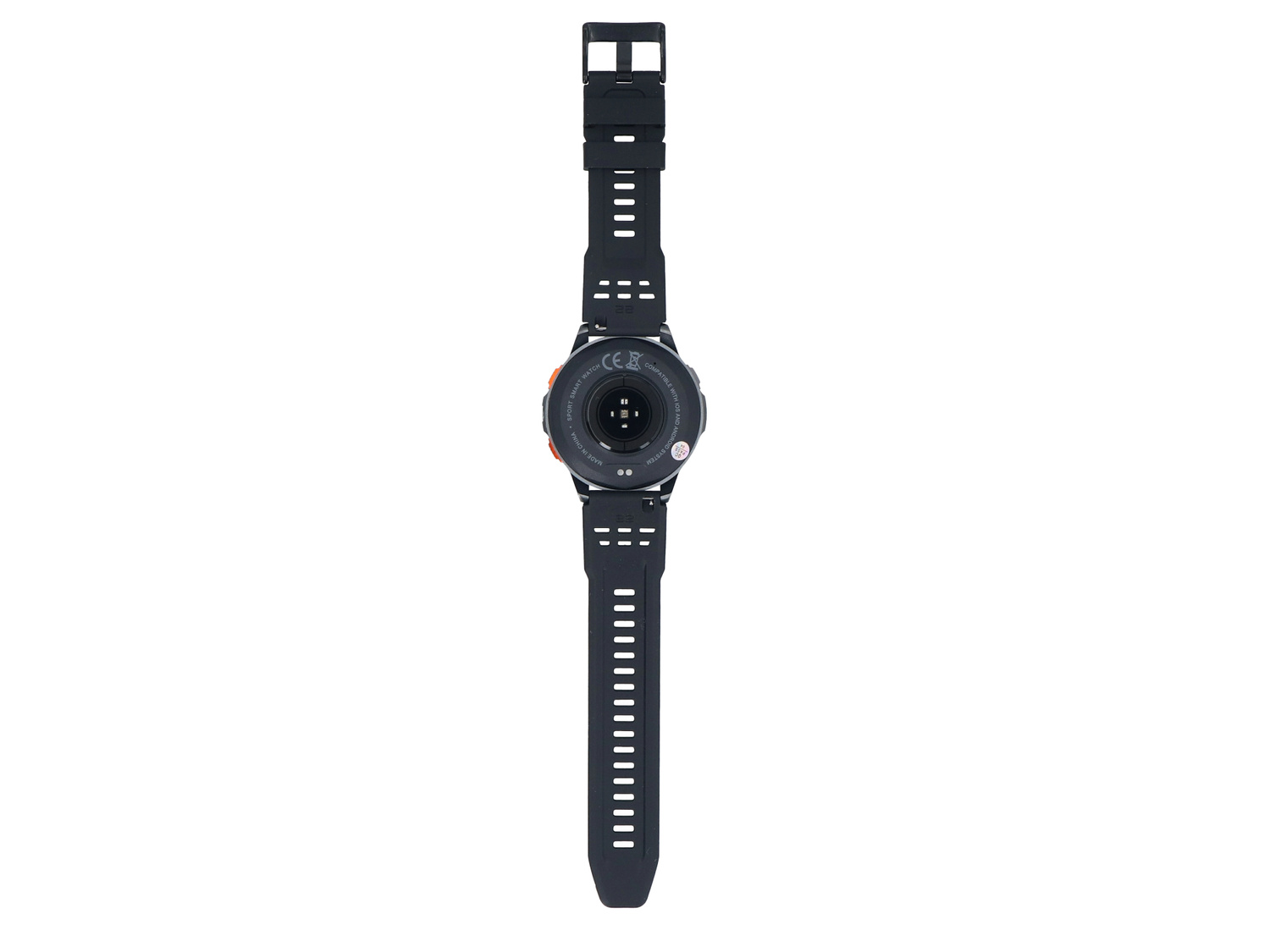 Czarny smartwatch z paskiem i metalowym tyłem, na białym tle.