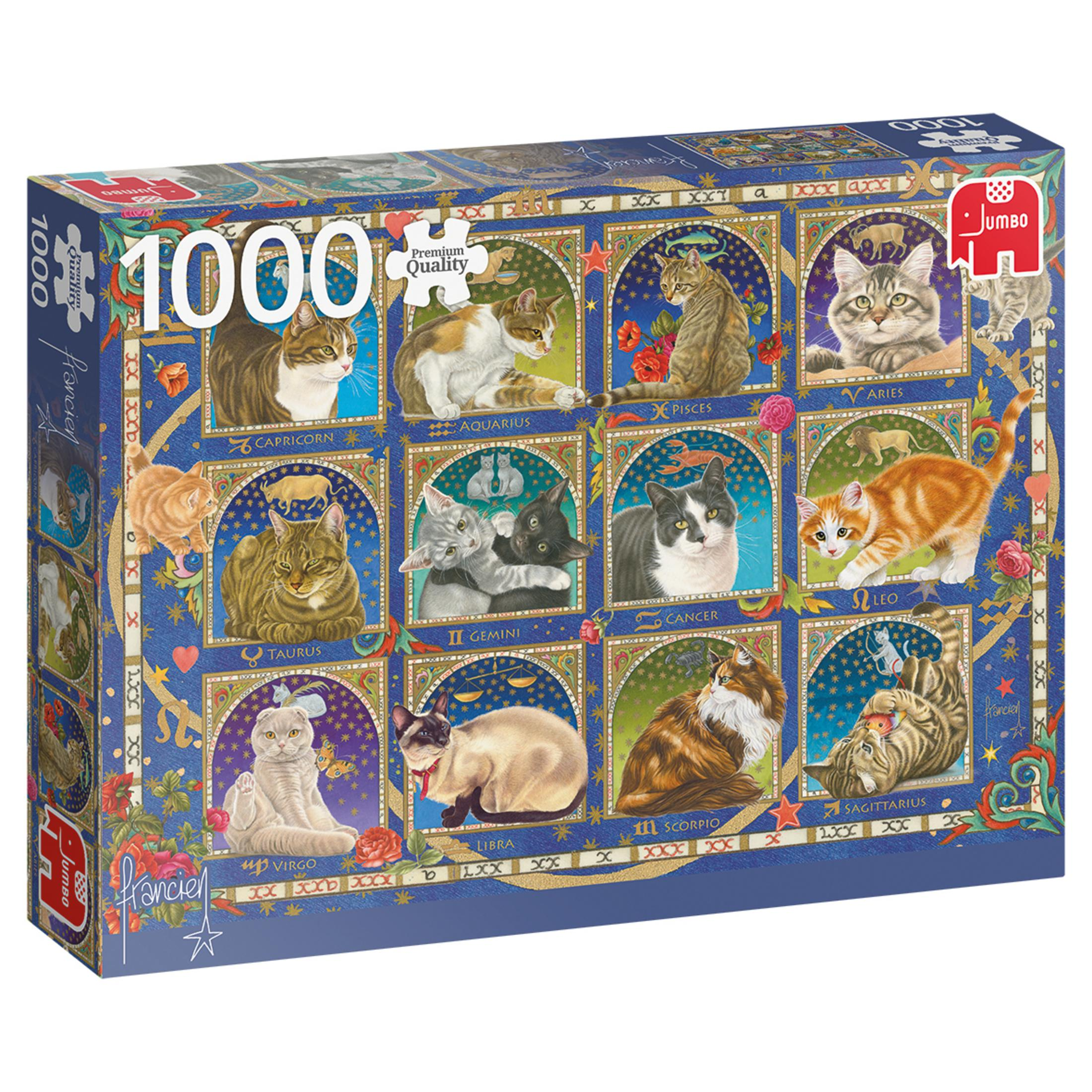 Puzzlekarton mit 12 Sternzeichen-Katzengemälden auf blauem Hintergrund.