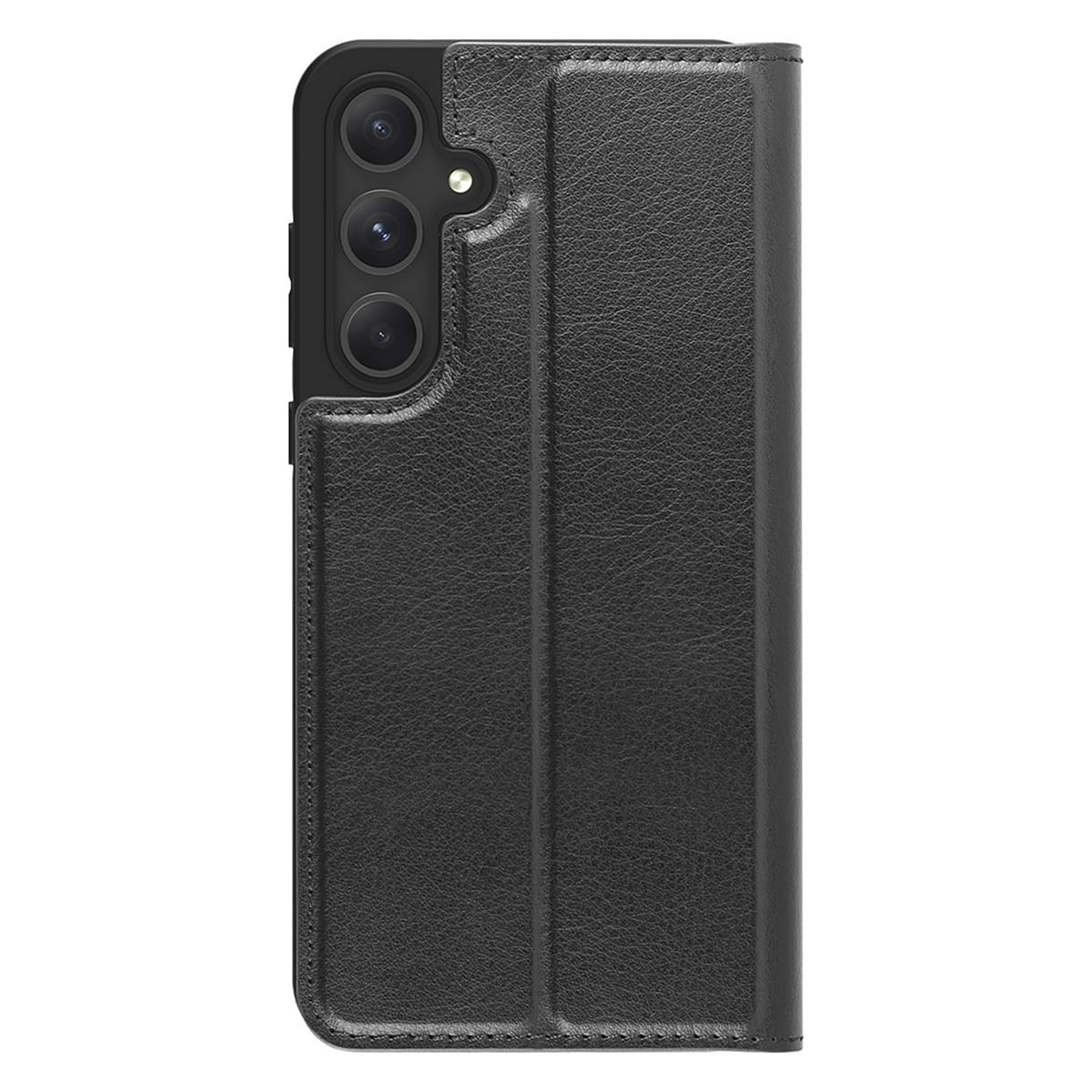 Schwarzes Leder-Flip-Case für ein Smartphone mit sichtbarer Rückkamera.