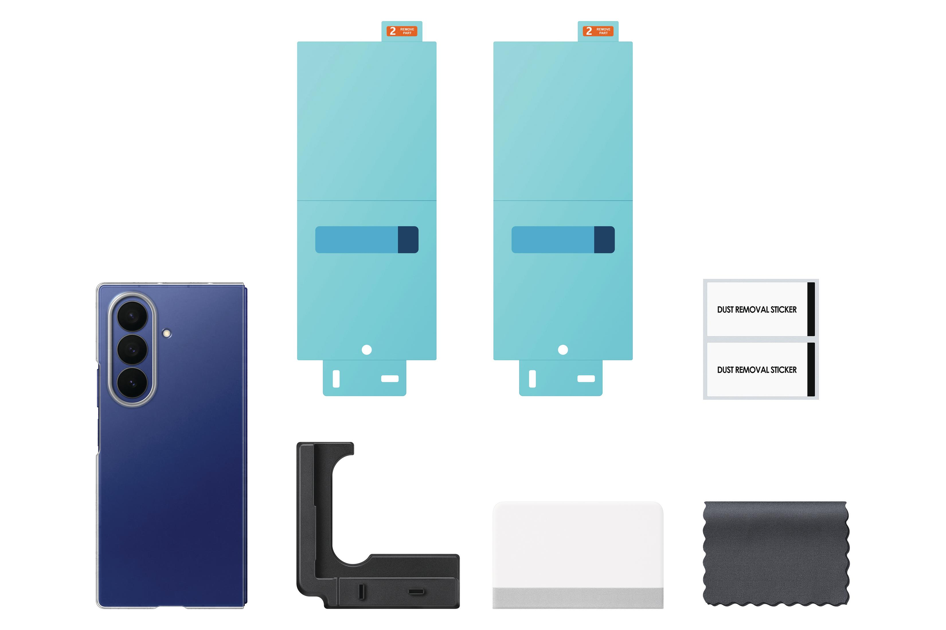 Uno smartphone blu, due protezioni schermo blu, un supporto nero, due adesivi rimuovi polvere.