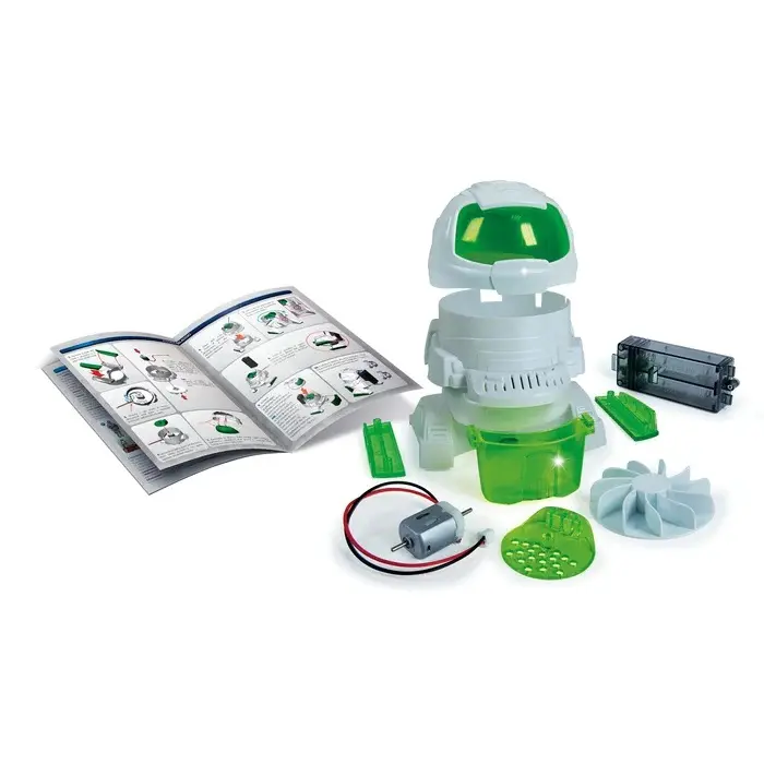Roboterteile, Motor, Batteriekasten und Anleitung auf weißem Hintergrund.