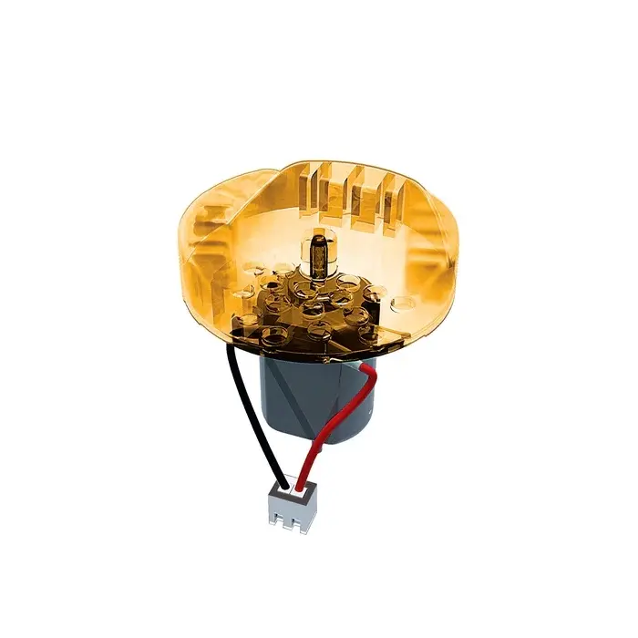 Gelbes Kunststoffteil mit Motor, Kabeln und Stecker.