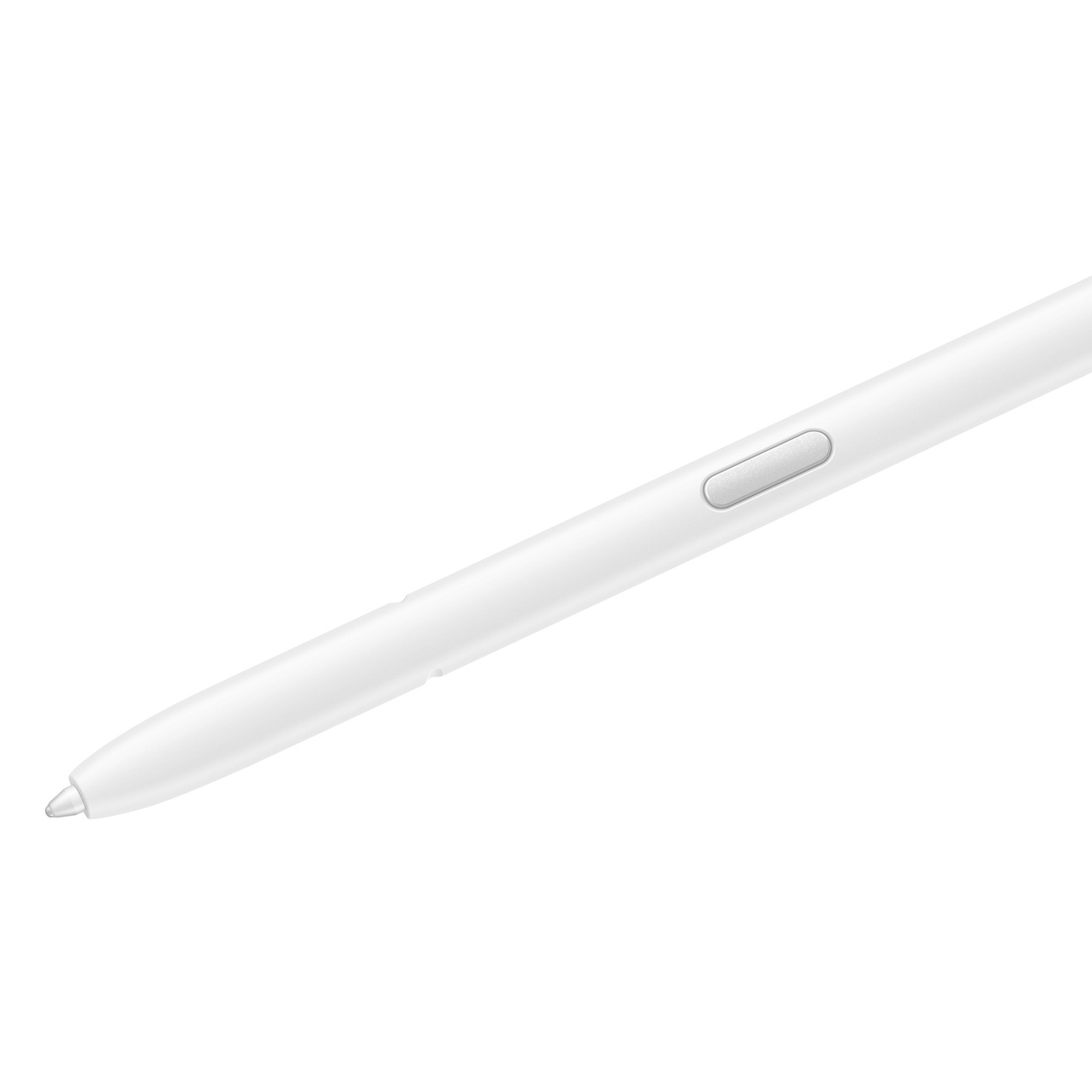 Uno stilo bianco con un pulsante argentato, su sfondo bianco.