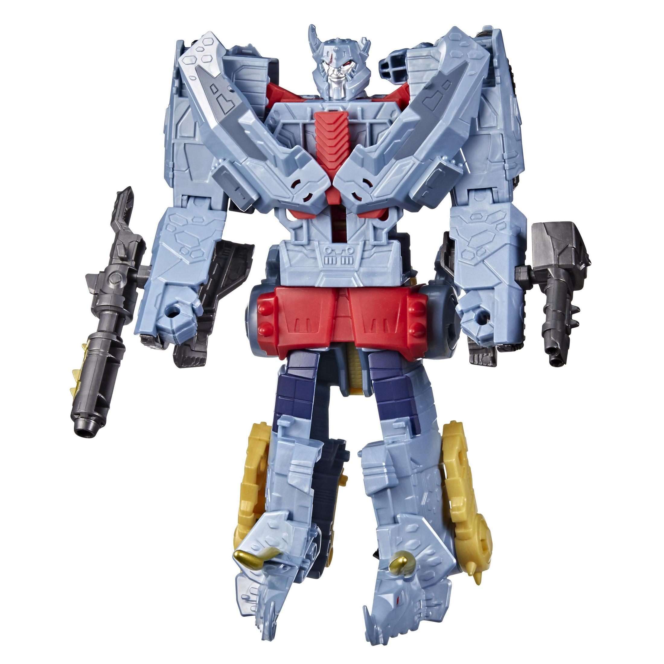 Une figurine robot bleu clair avec des accents rouges et des armes.