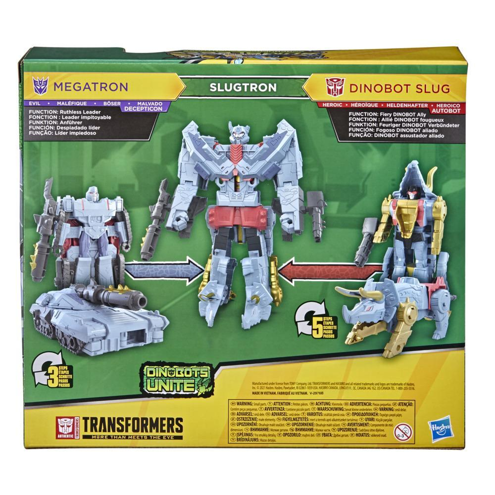 Jouets Transformers : Megatron, Slugtron et Dinobot Slug en modes robot et véhicule.