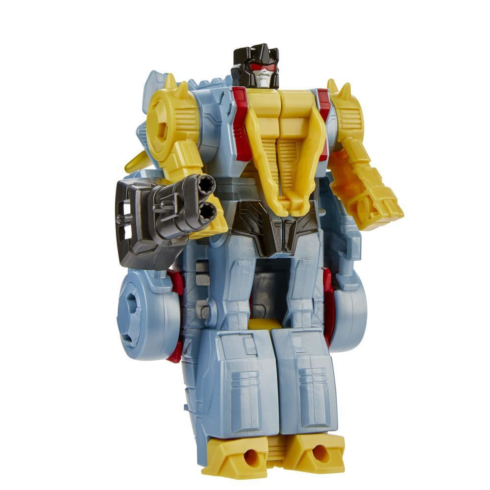 Un jouet Transformer bleu et jaune avec une tête noire et des yeux rouges.
