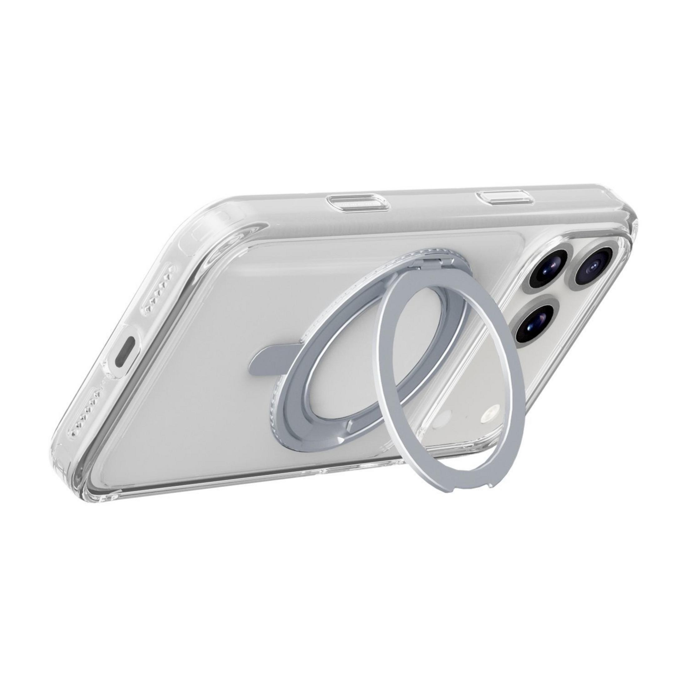 Une coque de téléphone transparente avec un support anneau argenté au dos.