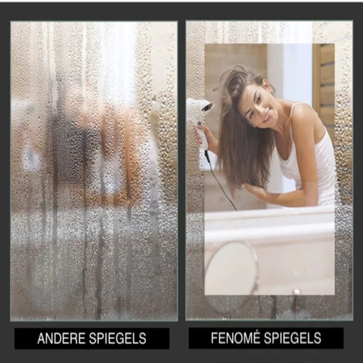 Beslagen spiegel vooraan vs. heldere spiegel vooraan met vrouw die haar föhnt.