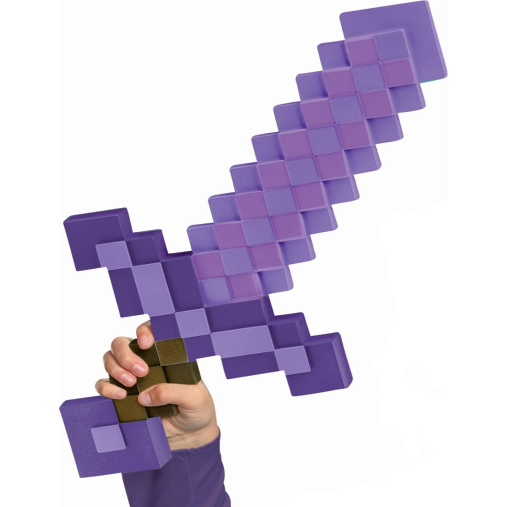 Eine Hand hält ein pixeliges lila Schwert mit braunem Griff. Weißer Hintergrund.