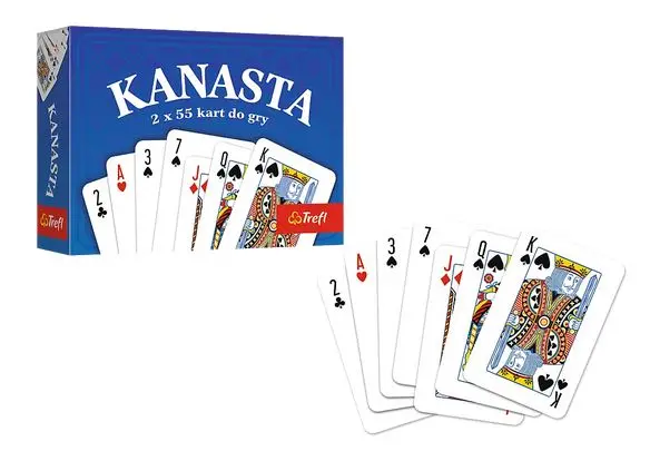 Pudełko kart do gry Kanasta z leżącymi obok kartami.