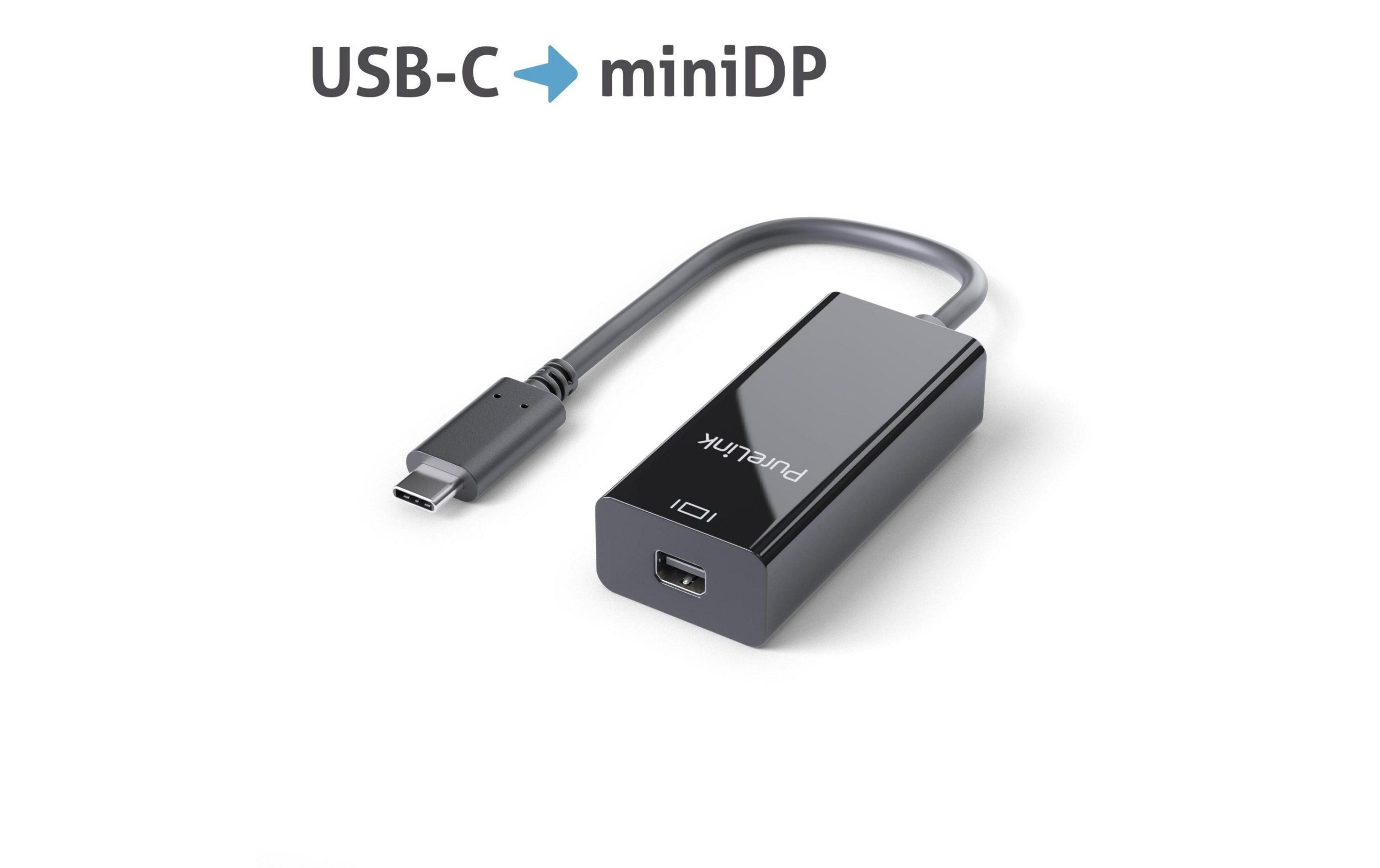 Ein schwarzer USB-C zu Mini DP Adapter mit Kabel und Stecker.