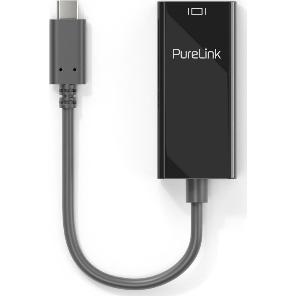 Ein schwarzer USB-C-Adapter mit PureLink-Logo und einem grauen Kabel.